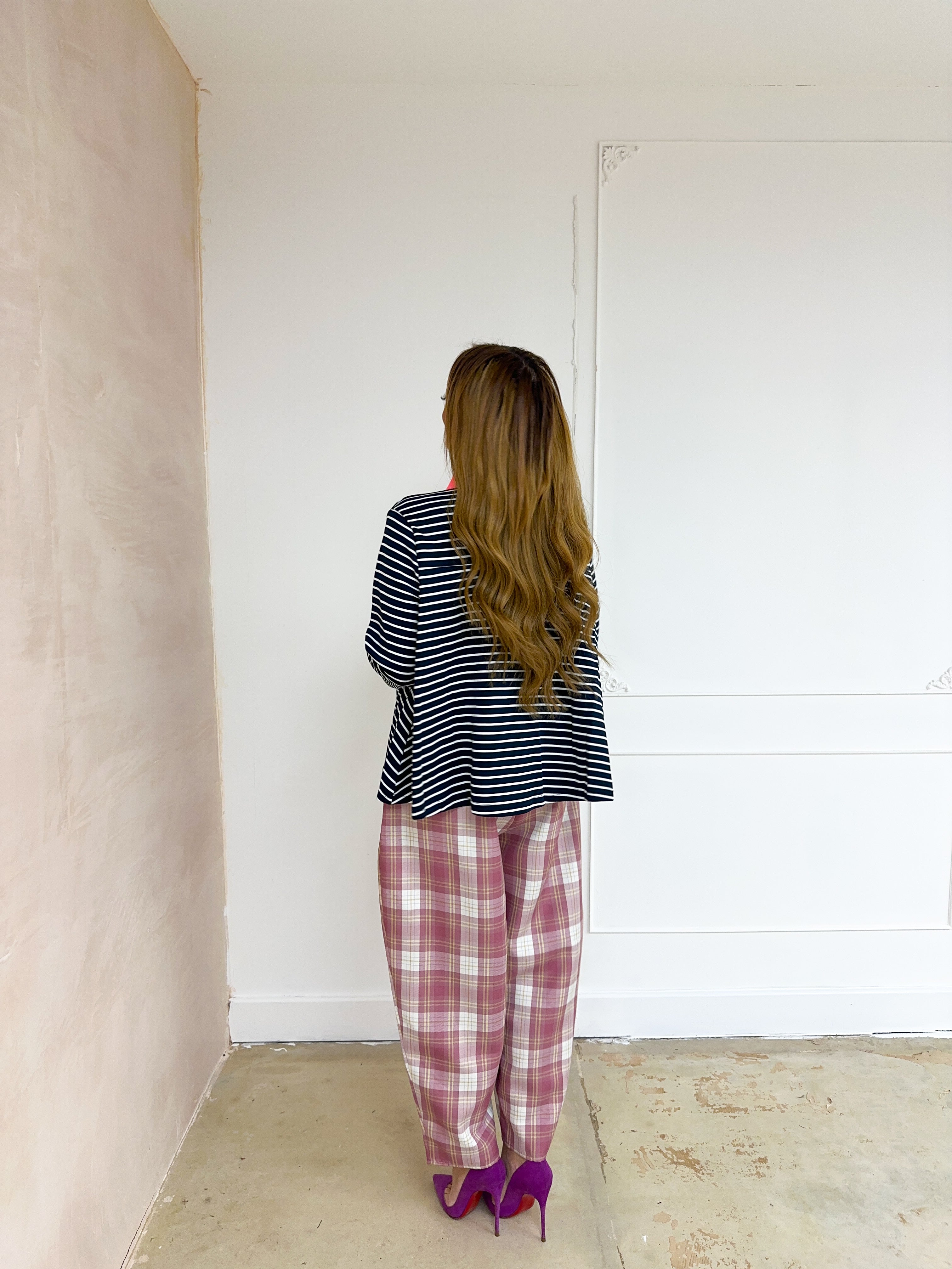 Contrast Collar Stripe Top In Navy