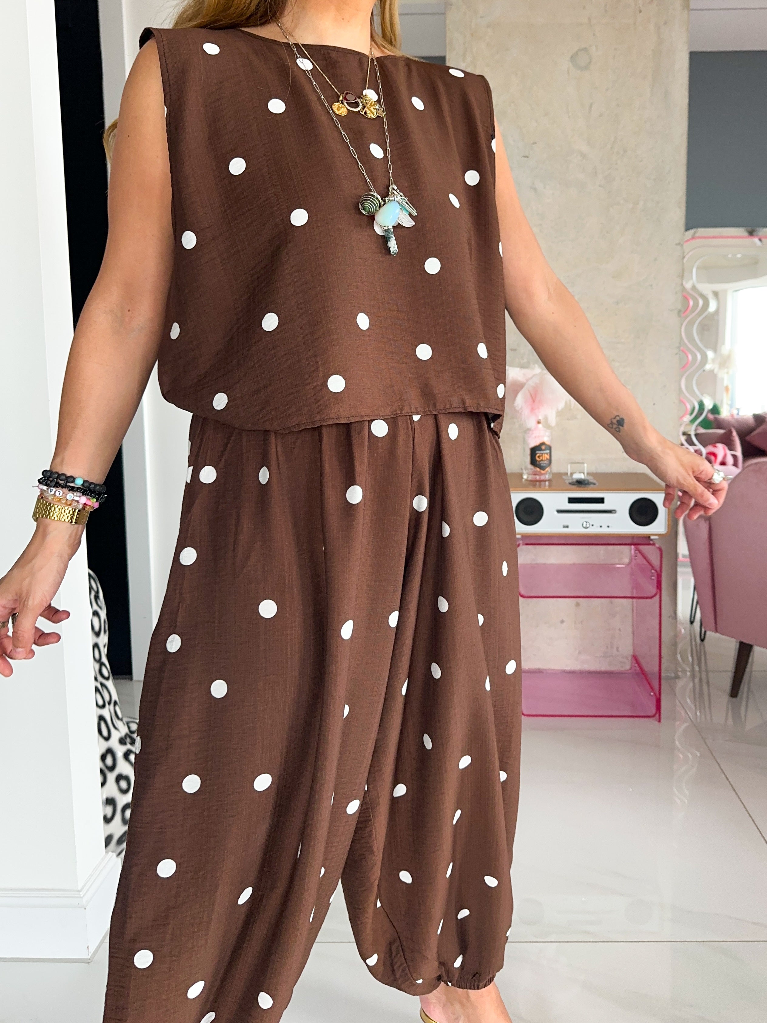 The Jasmine Aladdin Trousers In Brown Polka Dot