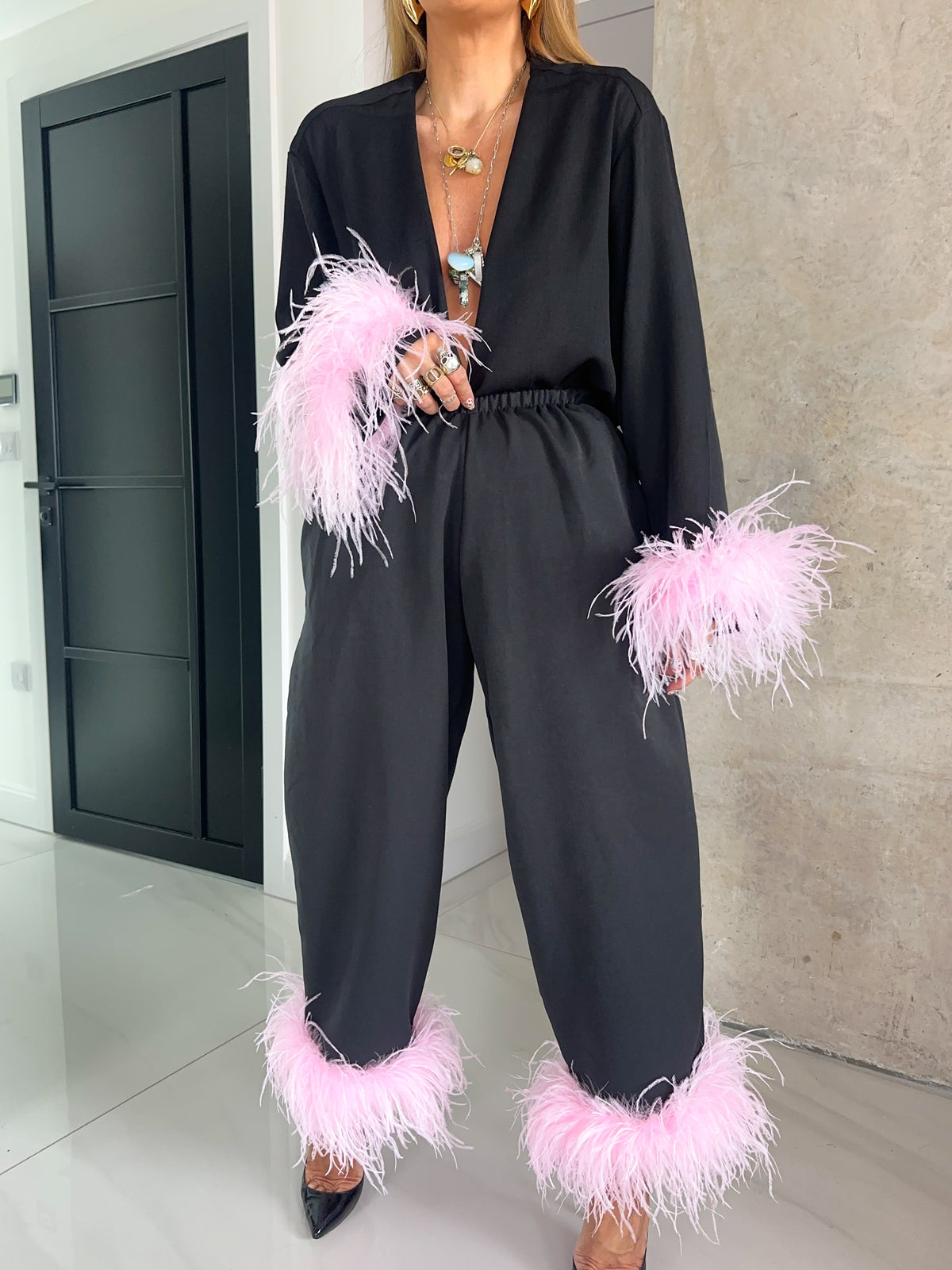 Pink Feather Hem Balloon Trousers In Black