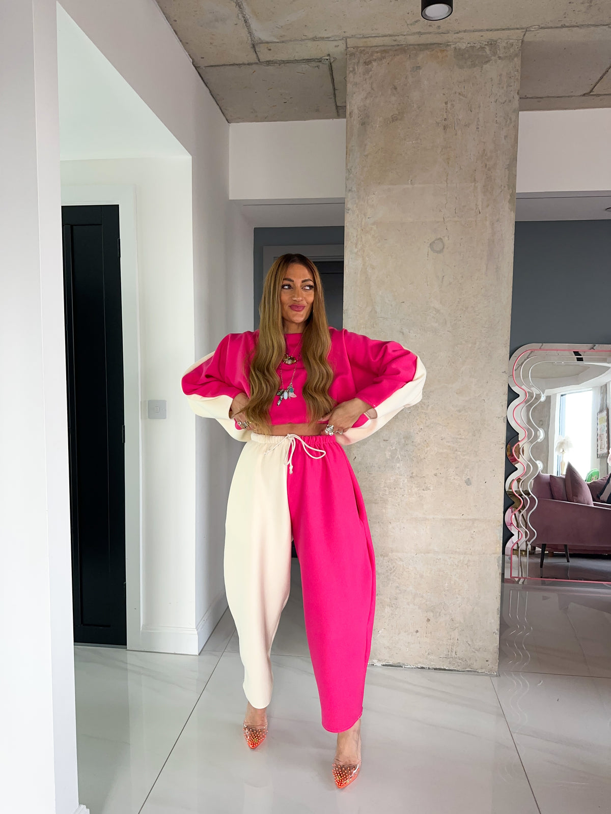 Core Collection Sweatshirt Jumper In Pink/Cream Contrast