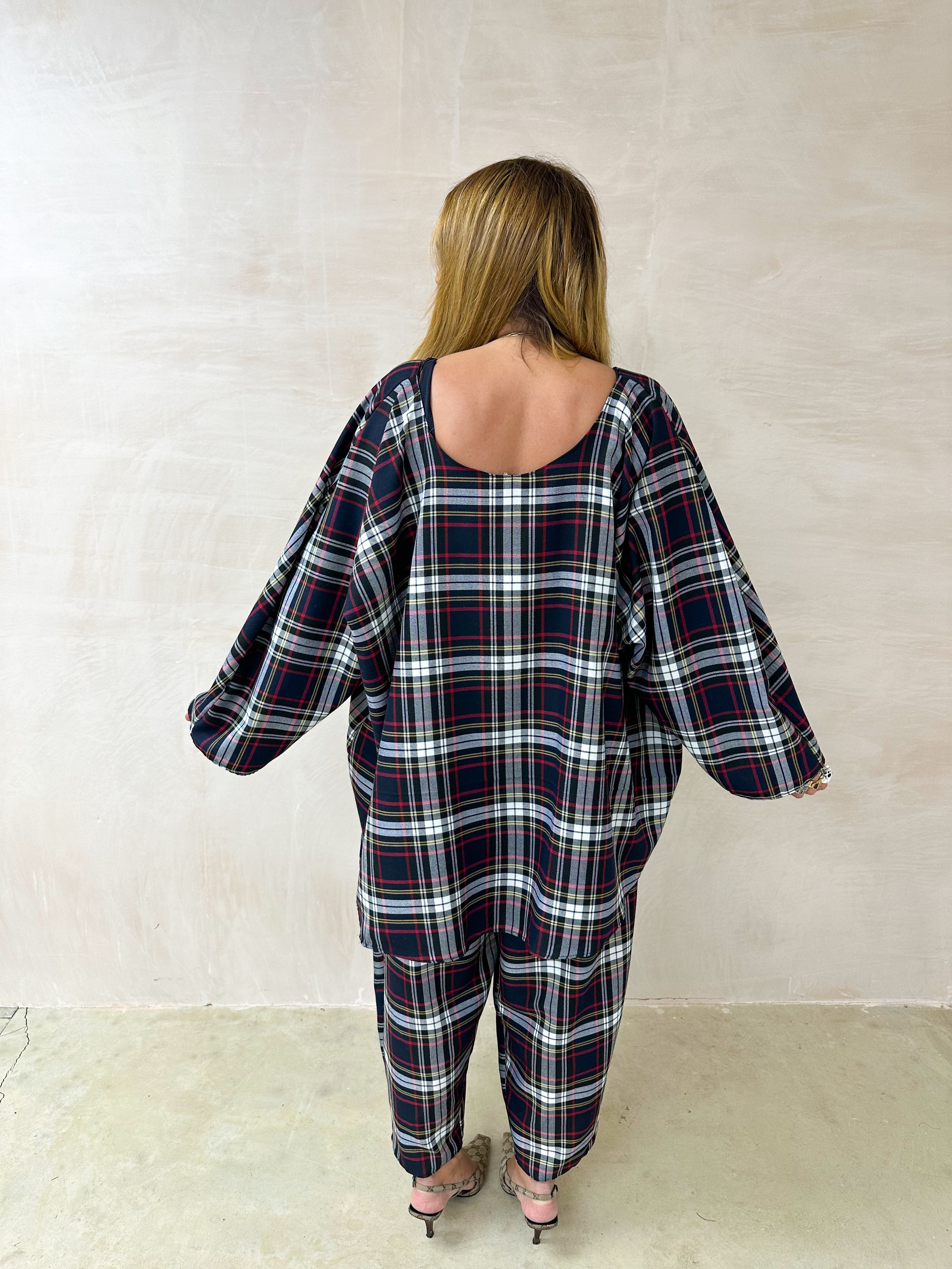 Muse Long Sleeve Floaty Top In Navy Tartan
