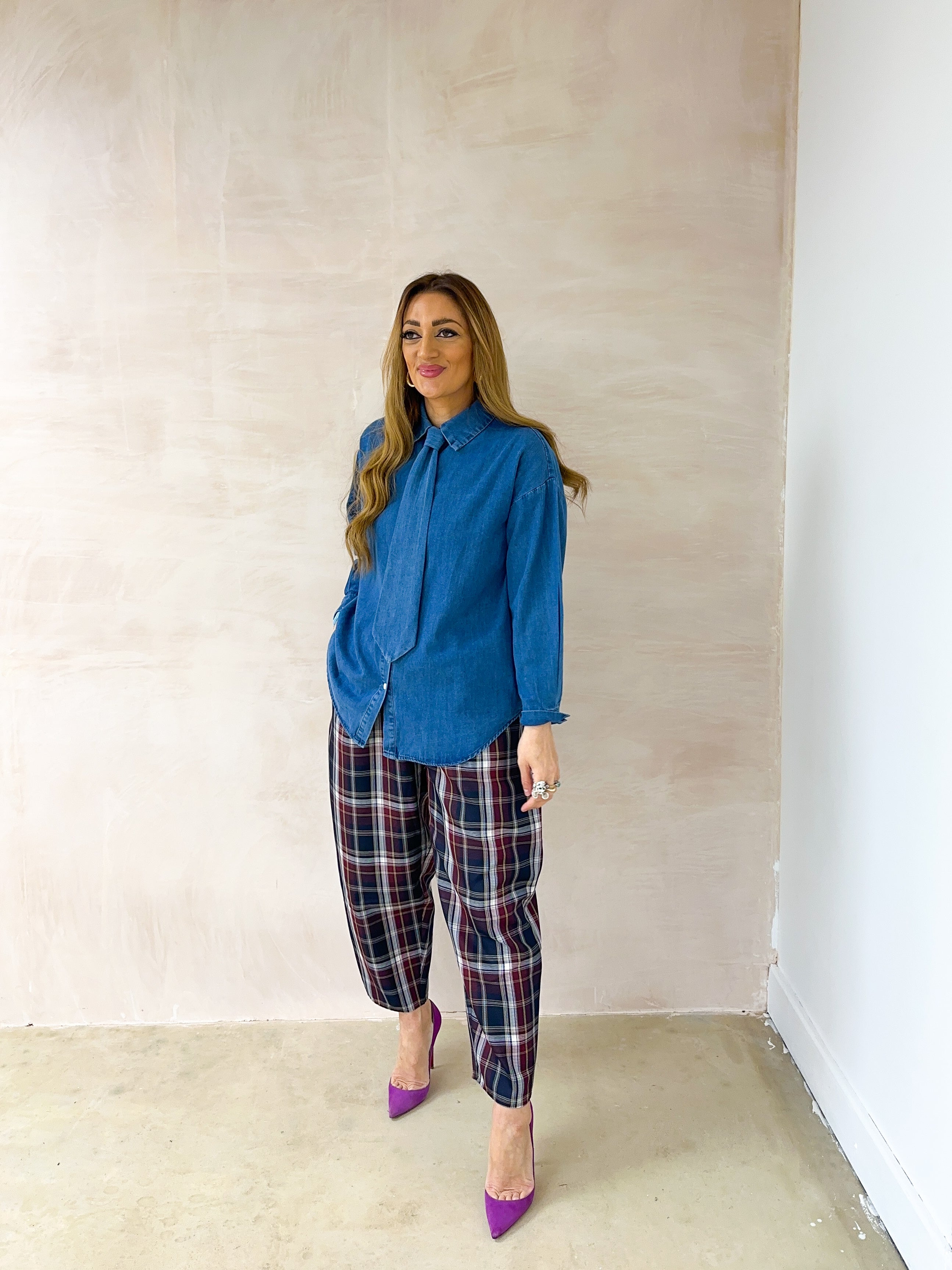 Relaxed Fit Tie Detail Shirt In Blue Denim