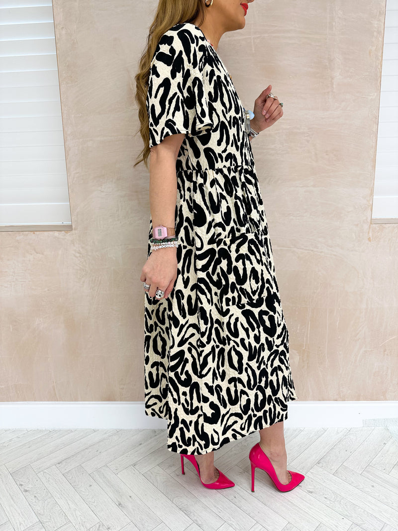 Smock Style Midi Dress In Leopard Print