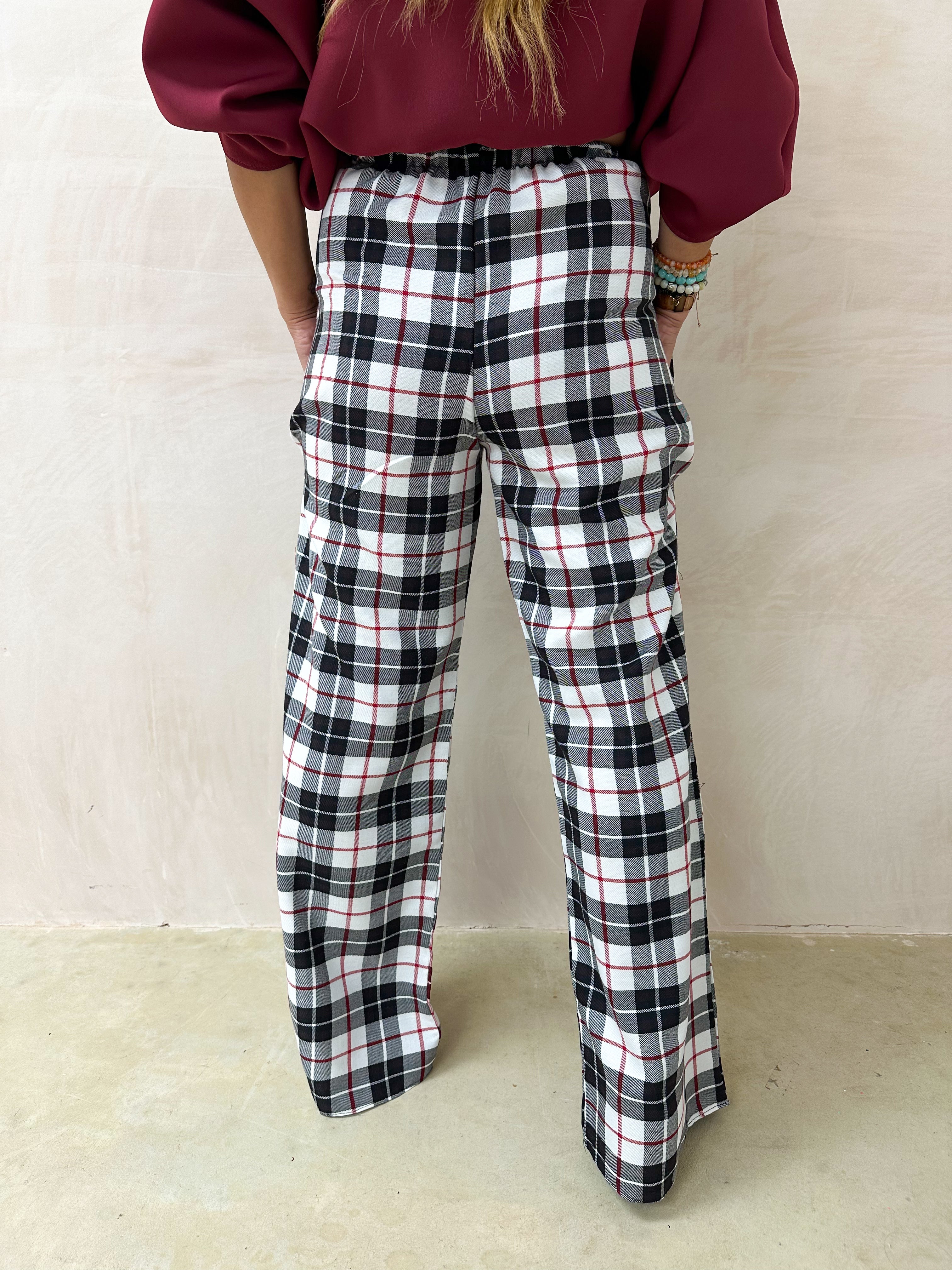 Muse Wide Leg Trousers In White Tartan