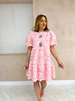 Rose Applique Puff Sleeve Dress In Pink