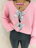 Sequin Bow Detail Jumper In Bubblegum Pink