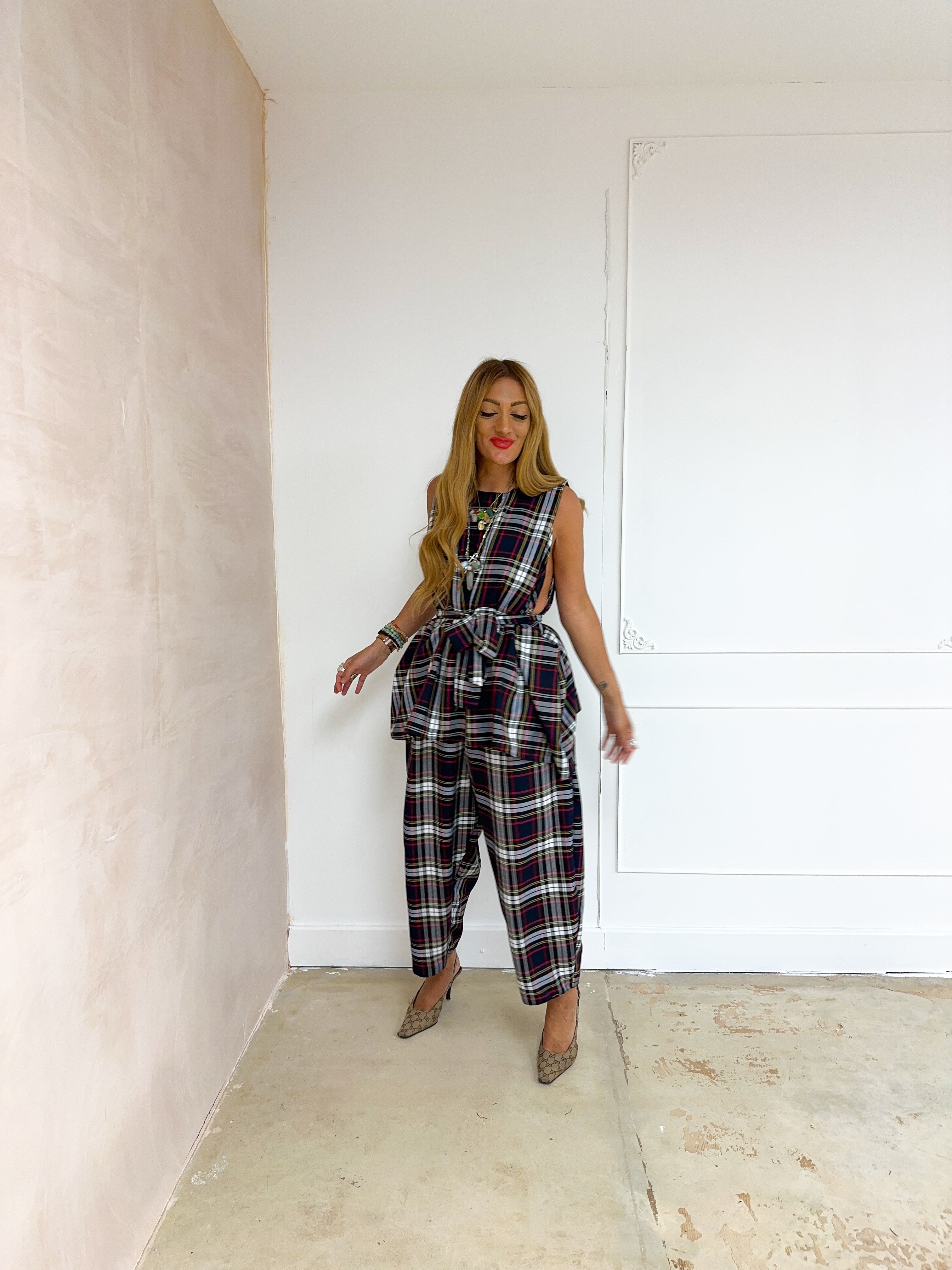 Muse Balloon Trousers In Navy Tartan