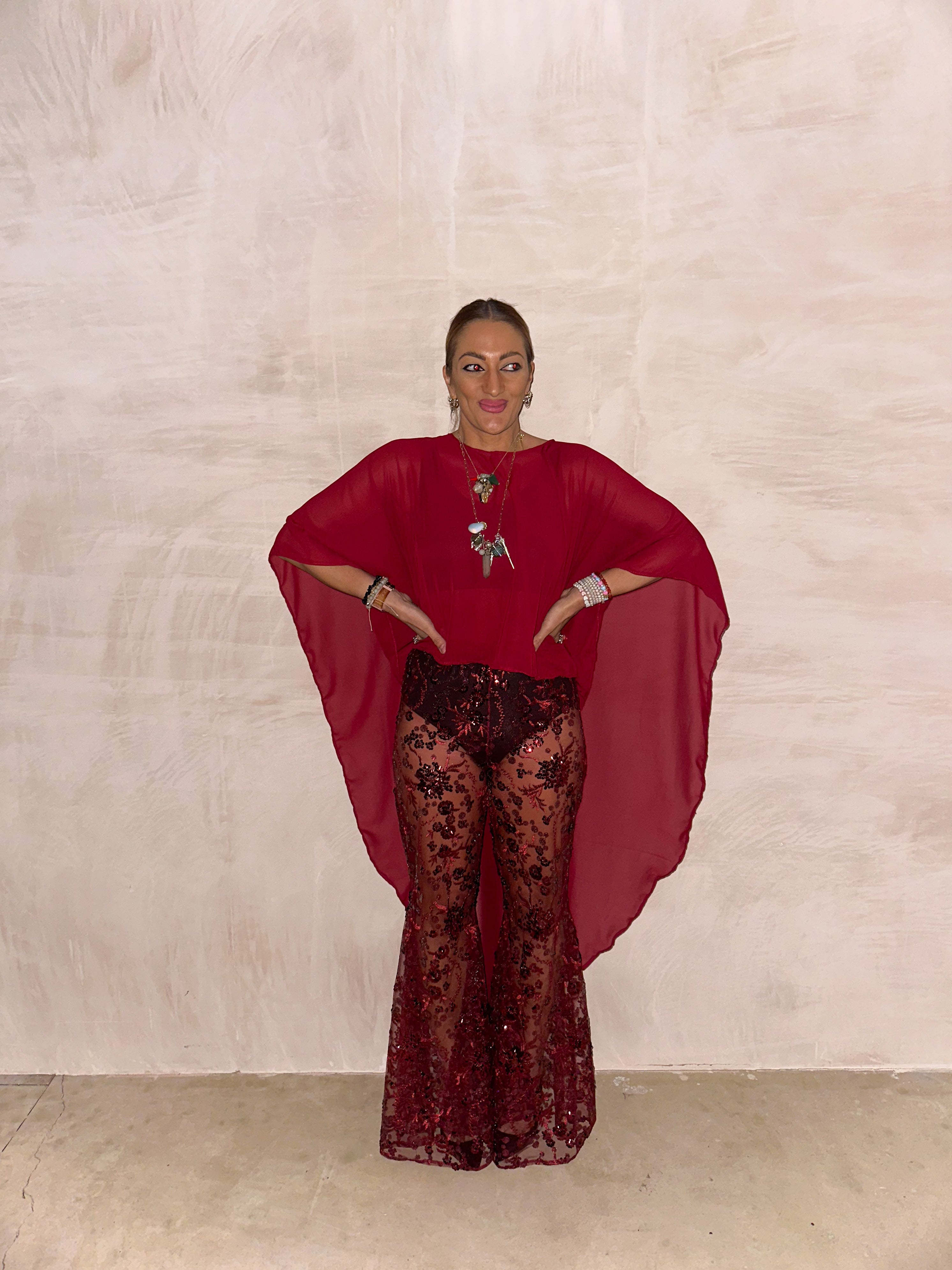 The Jasmine Chiffon Cape Top In Burgundy