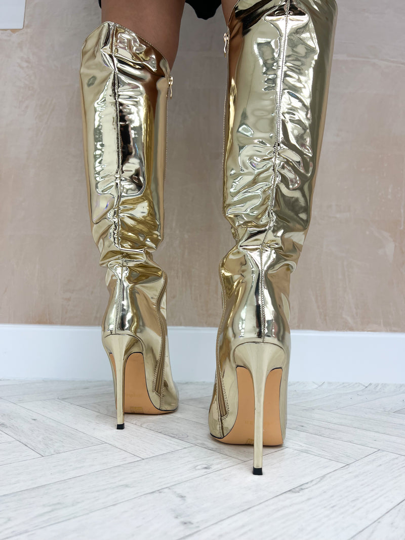 Faux Leather Metallic Boots In Gold