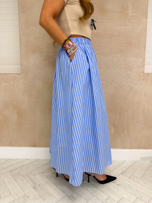 Pinstripe Cotton Midi Skirt In Light Blue