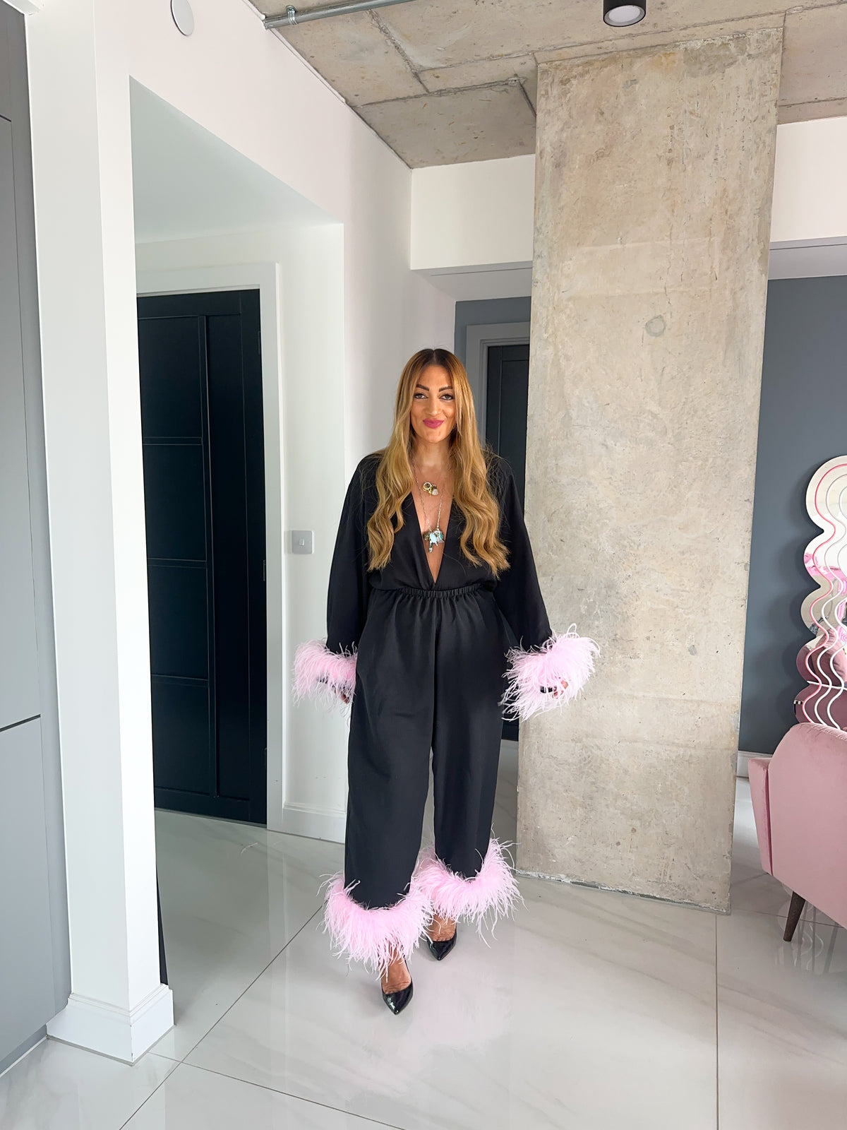 Pink Feather Cuff Shirt In Black