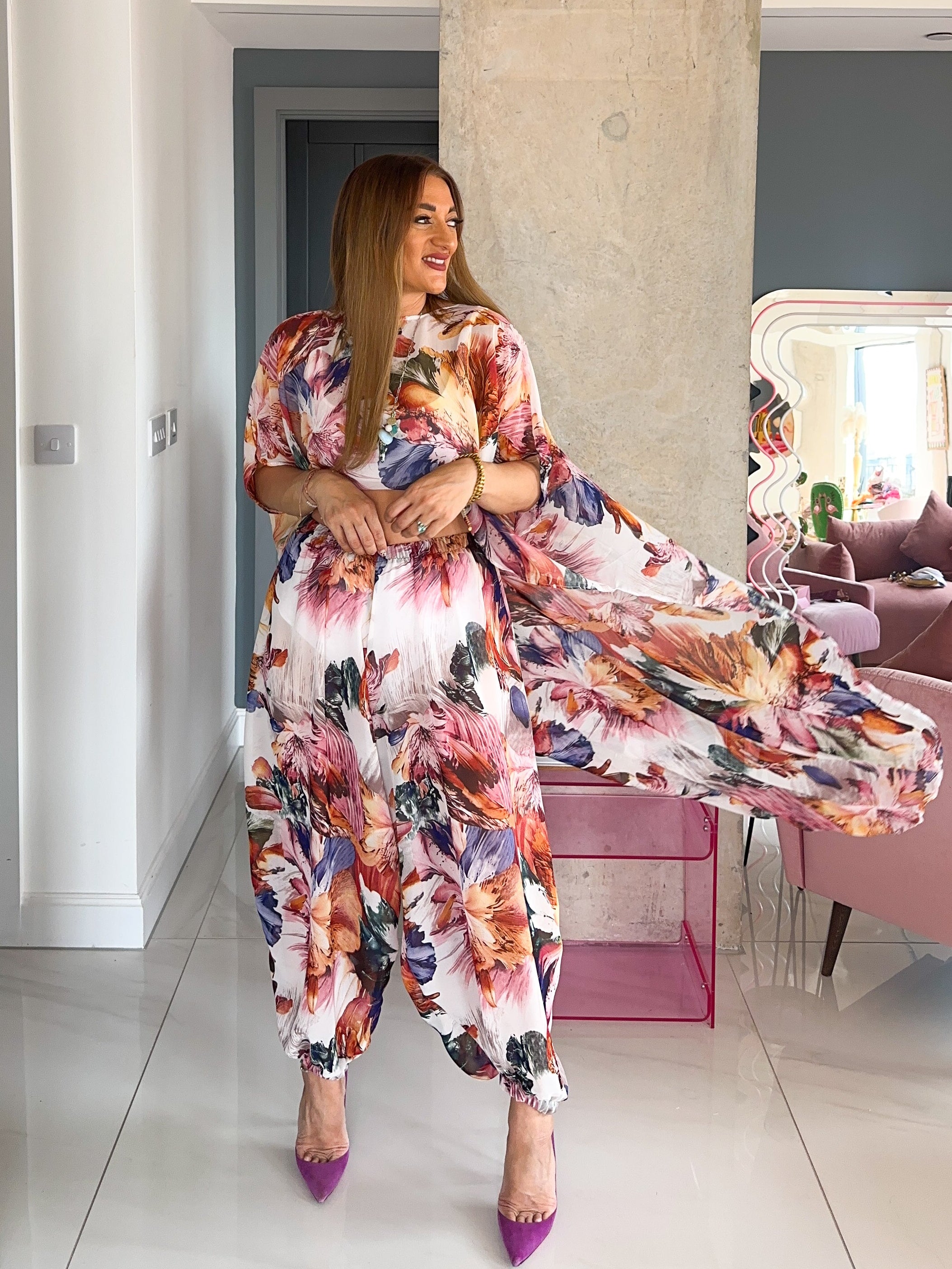 The Flora Chiffon Cape Top In Multi Floral Print