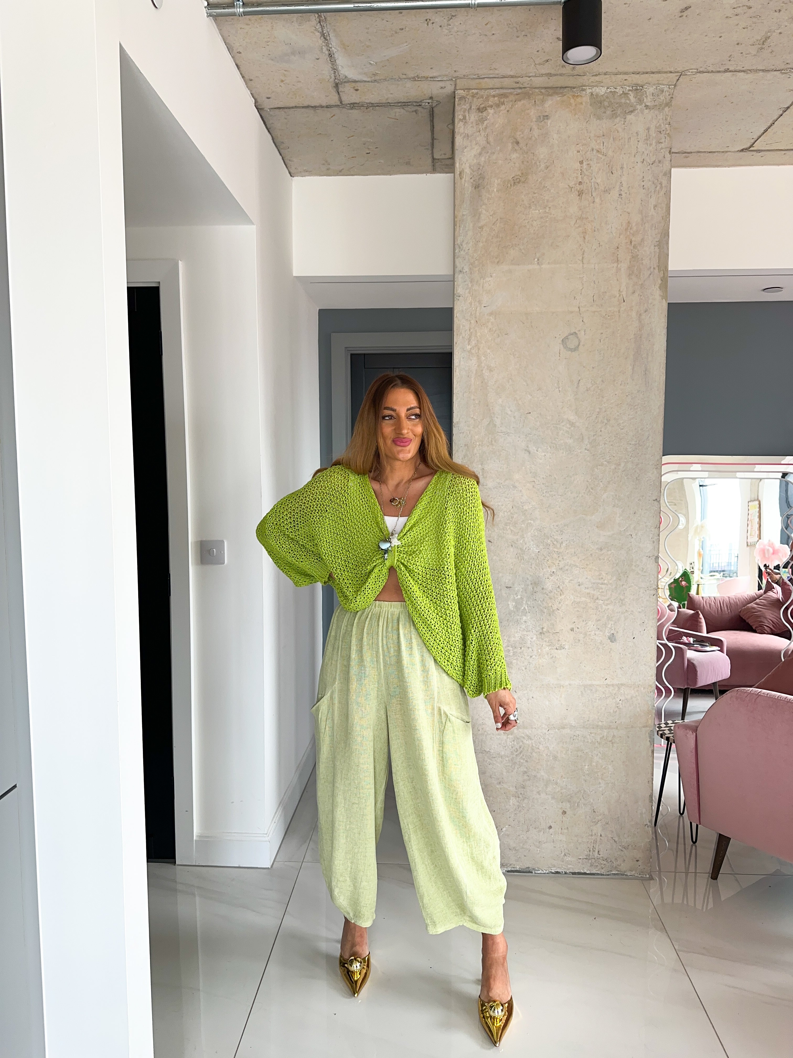 Linen Balloon Trousers In Candy Green