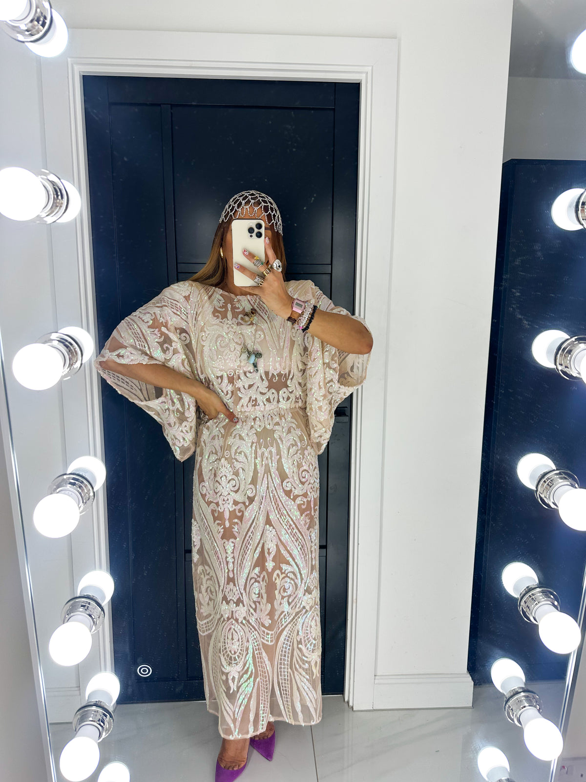 Solaris Fortuna Sequin Midi Skirt In Champagne