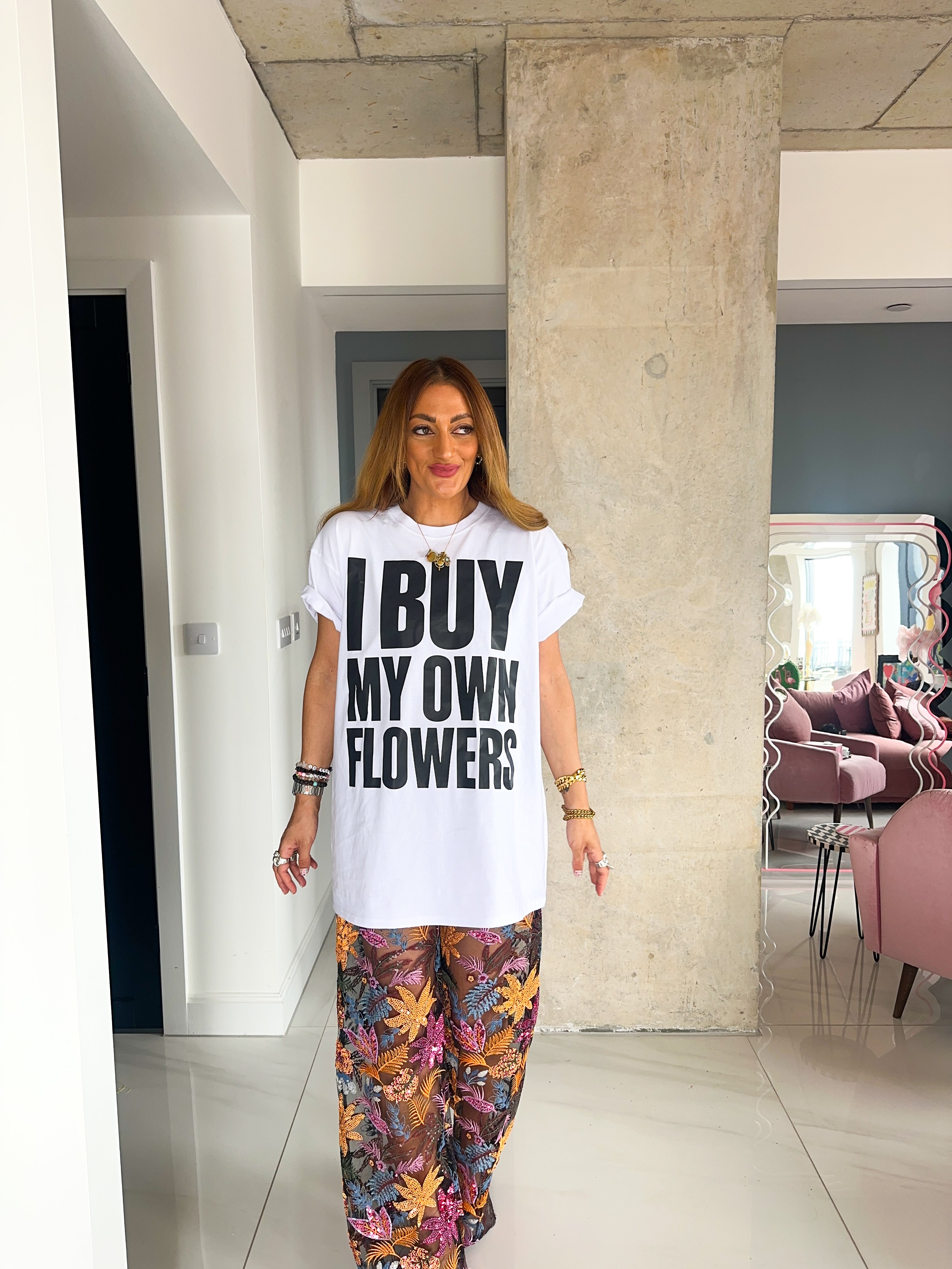 'Flowers' Slogan T-Shirt In White