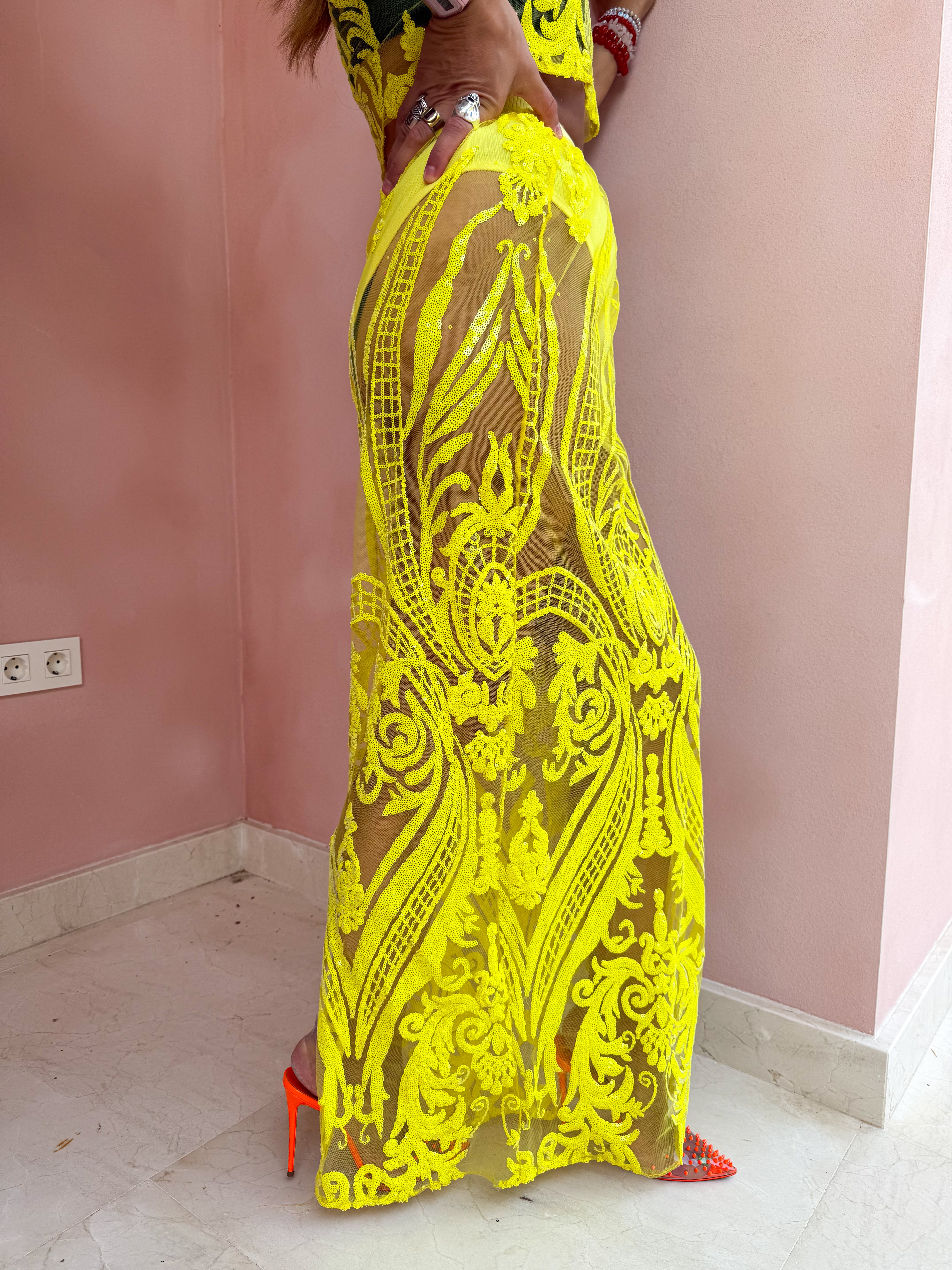 Solaris Supernova Sequin Midi Skirt In Yellow