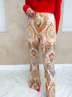 High Waisted Flared Trousers In Orange Paisley Print