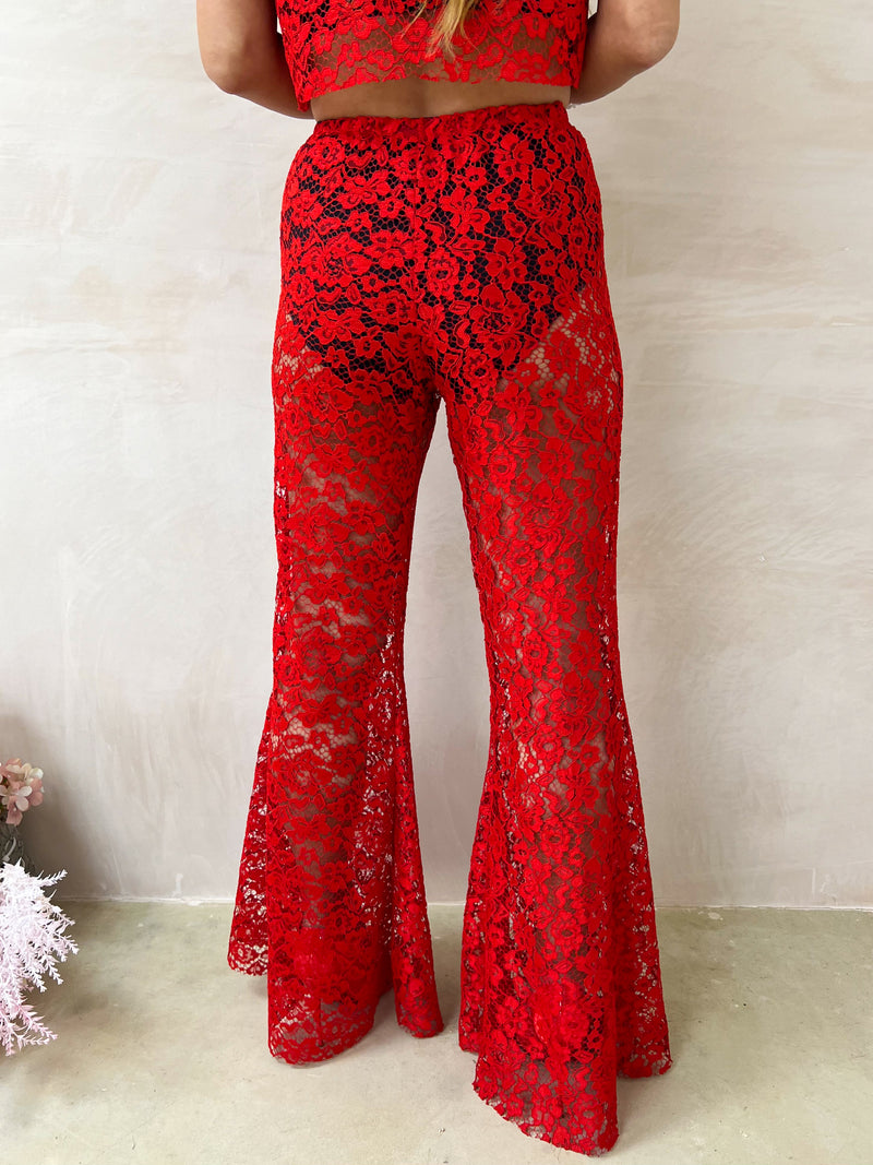 Fairytale Lace Extreme Flare Trousers In Red