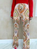 High Waisted Flared Trousers In Orange Paisley Print