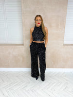 High Waisted Wide Leg Sequin Trousers In Black