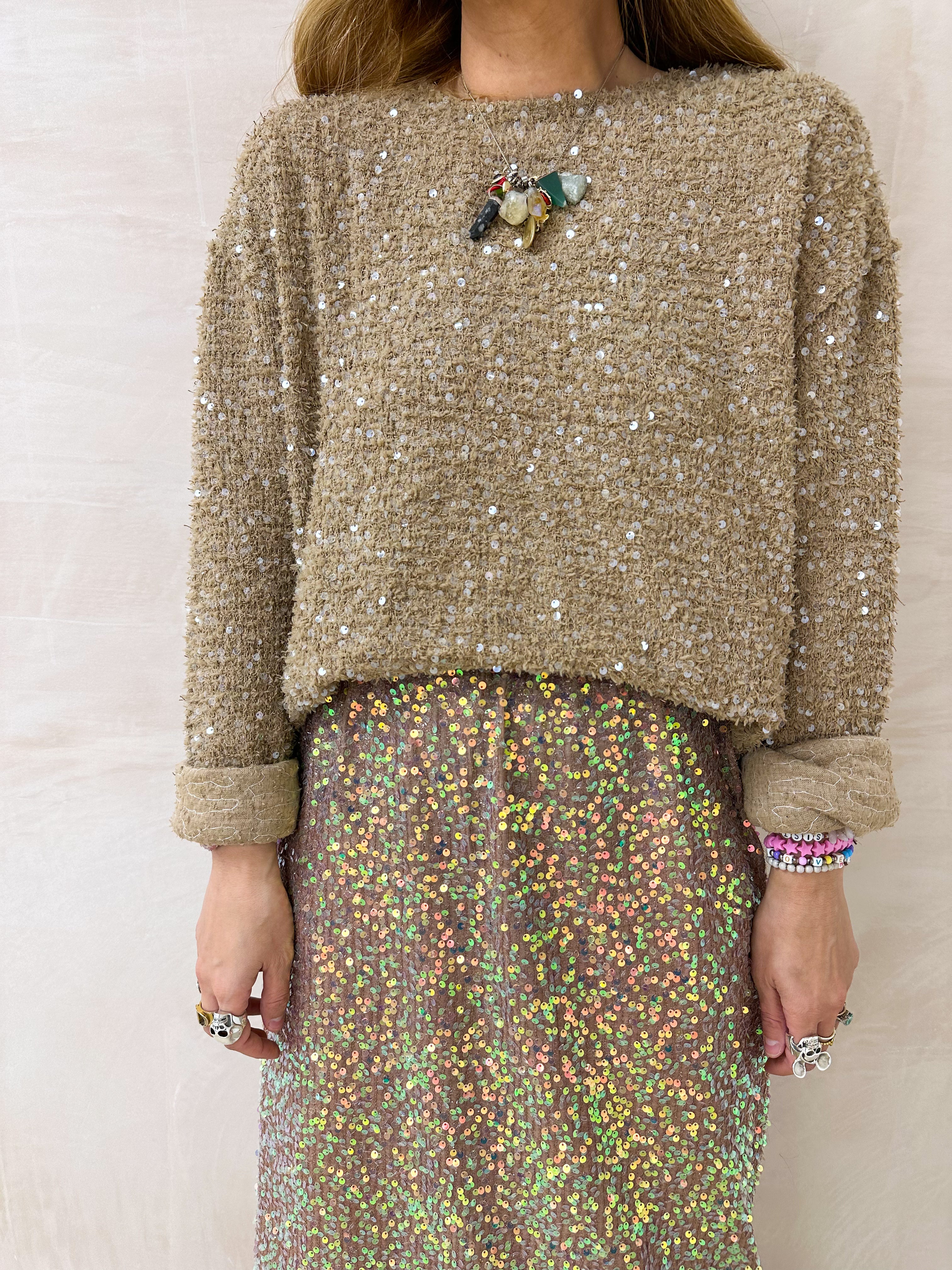 Knitted Scattered Sequin Jumper In Beige