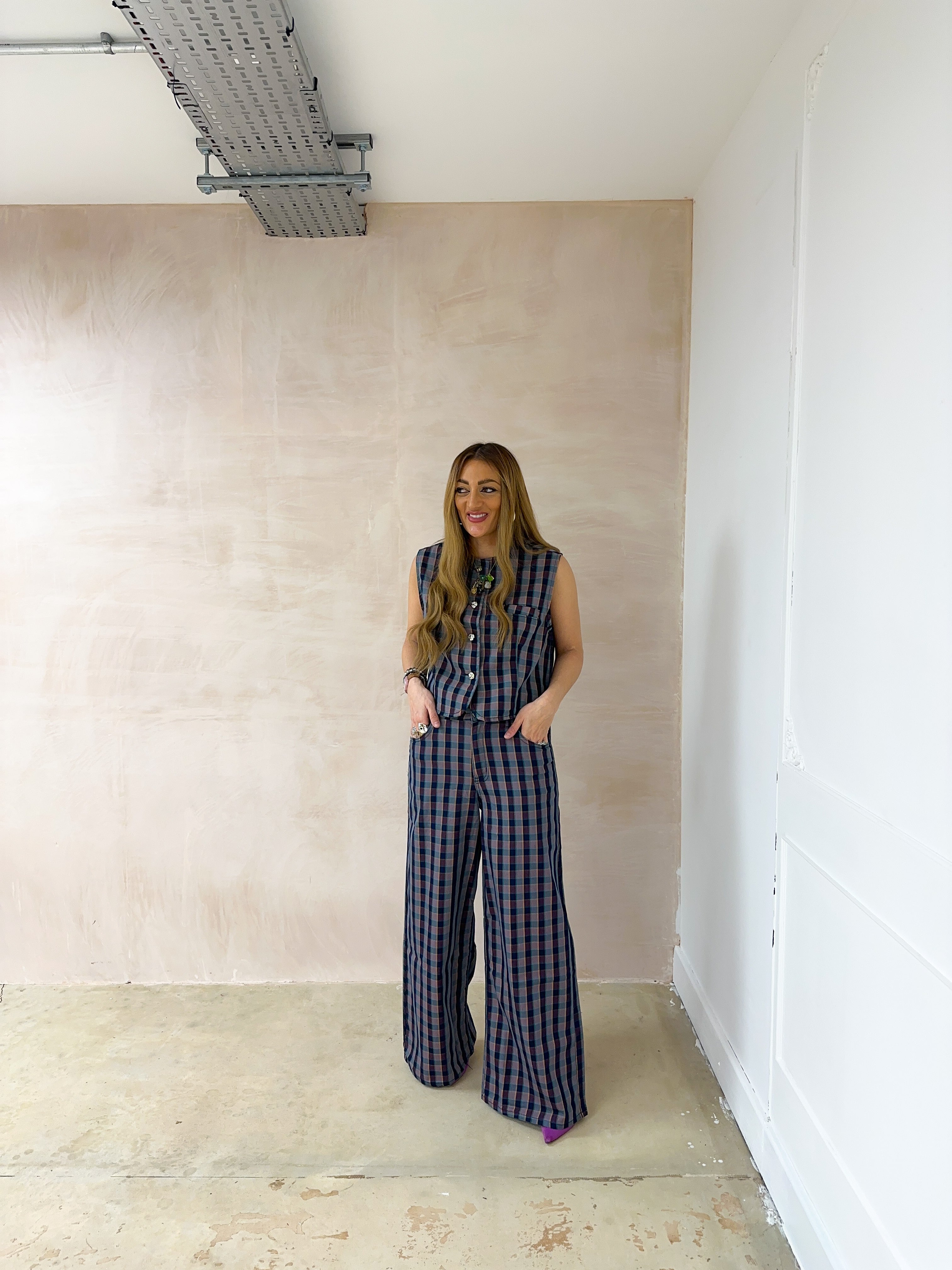 Waistcoat Style Top In Purple/Navy Check