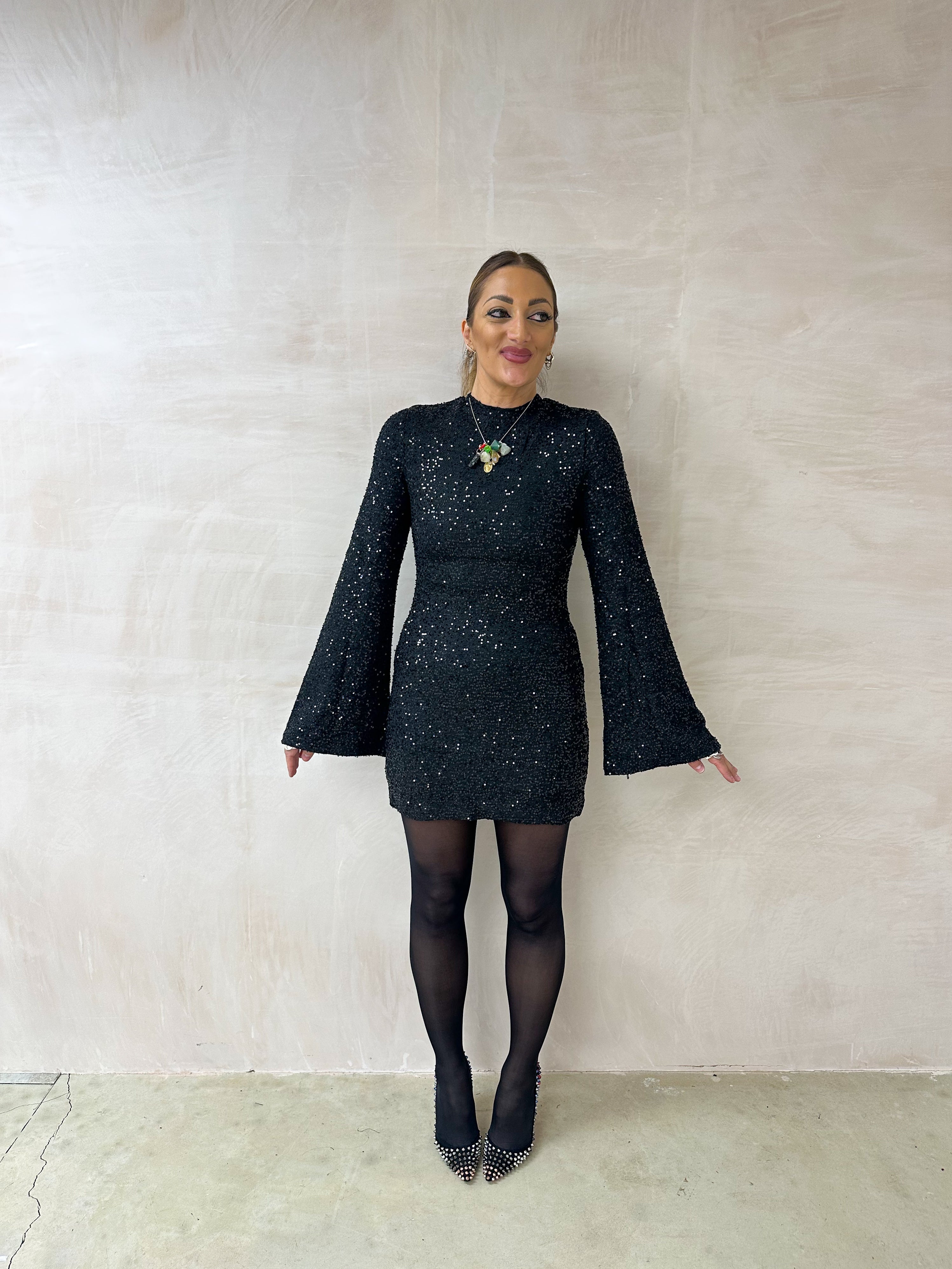 Flare Sleeve Sequin Mini Dress In Black