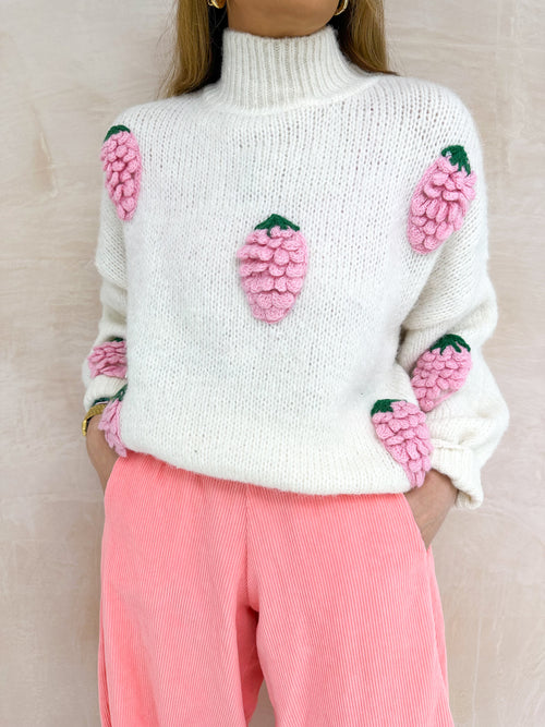 Scattered Strawberry Knitted Jumper In Cream