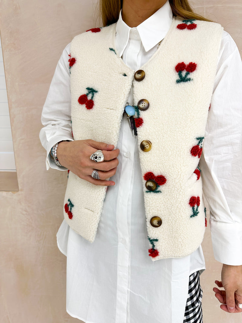 Fleece Style Waistcoat In Scattered Cherry Print