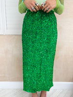 High Waisted Sequin Midi Skirt In Bright Green