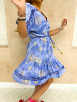 Smock Style Mini Dress In Blue With Scattered Gold Print