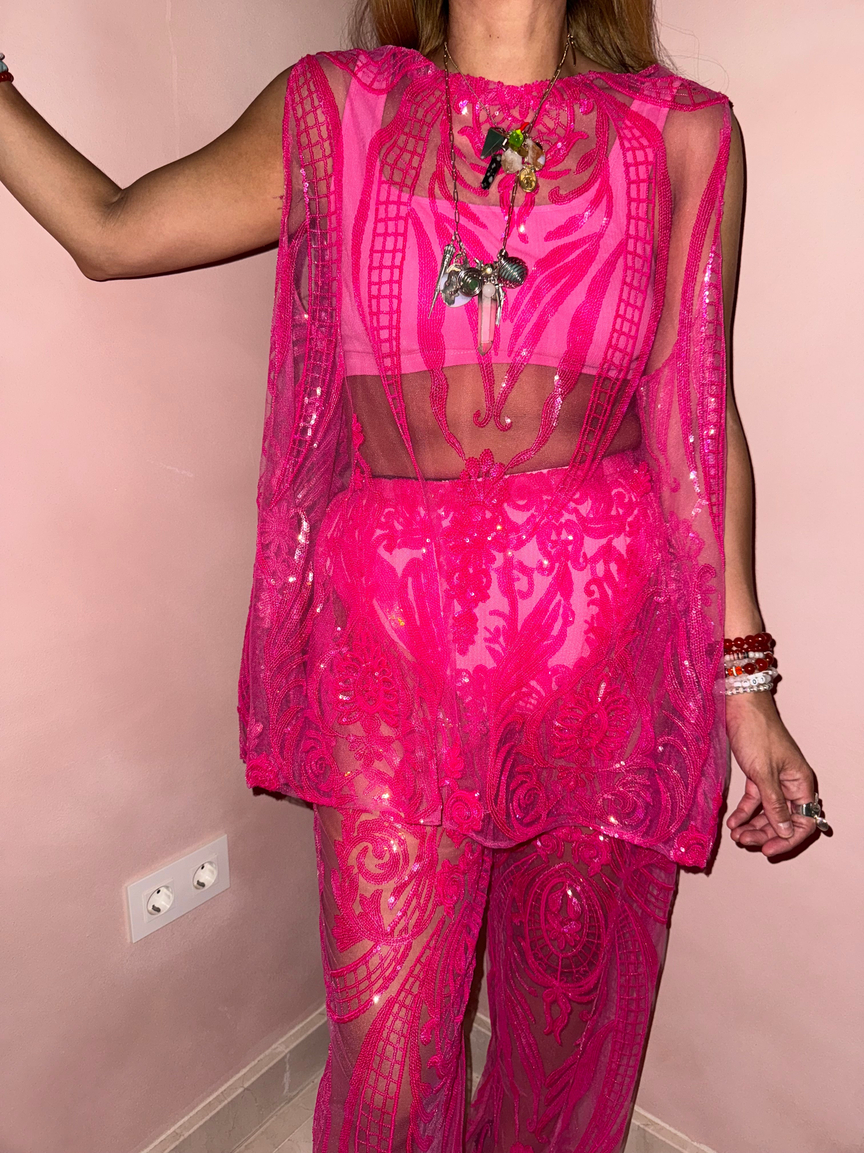 Solaris Mesh Sequin Top In Hot Pink