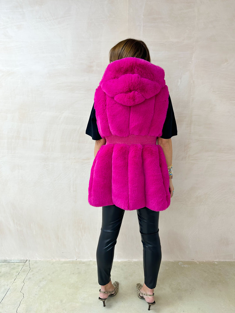 Faux Fur Hooded Gillet In Fuschia Pink