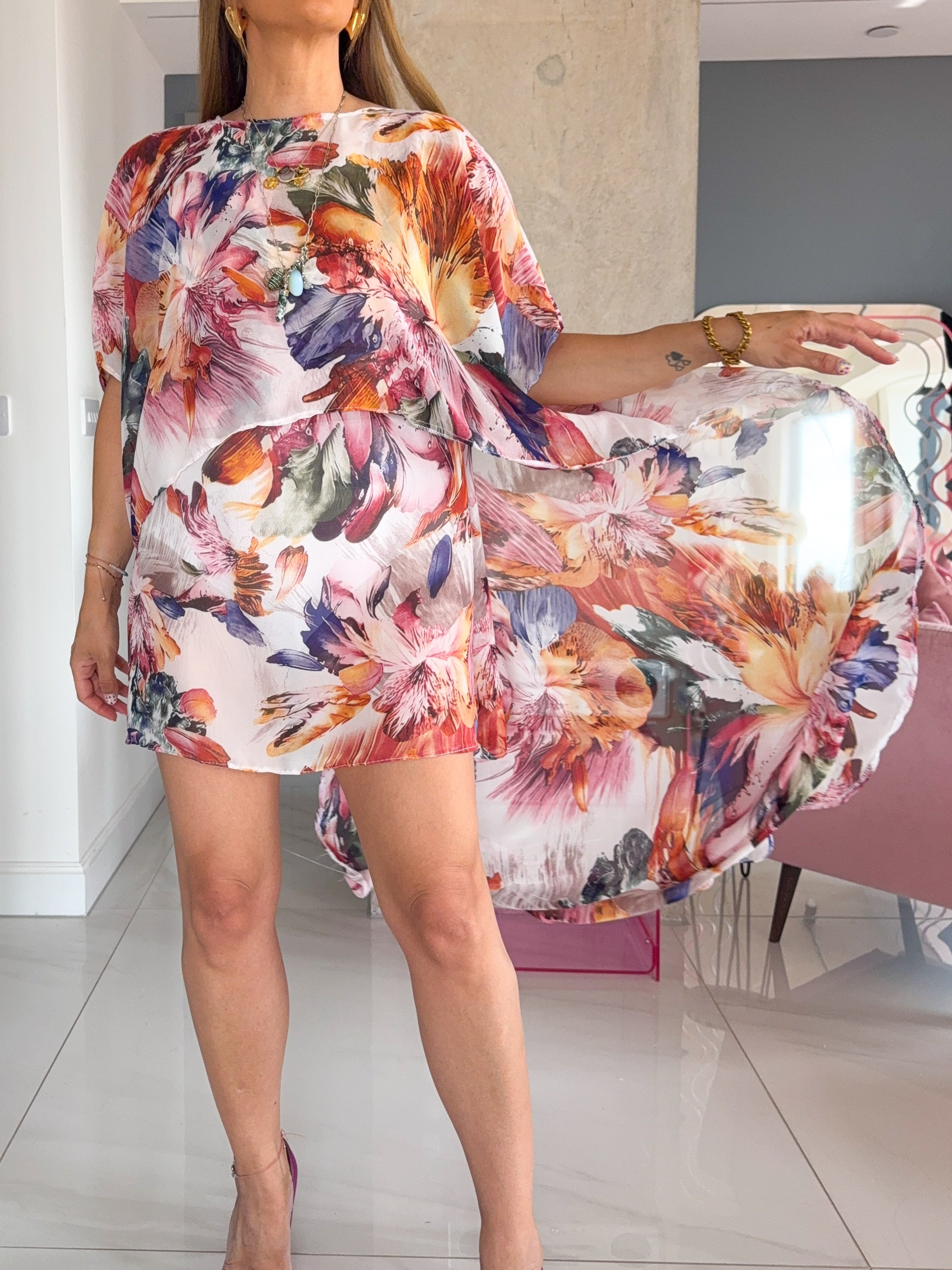 The Flora Chiffon Cape Dress In Floral Print