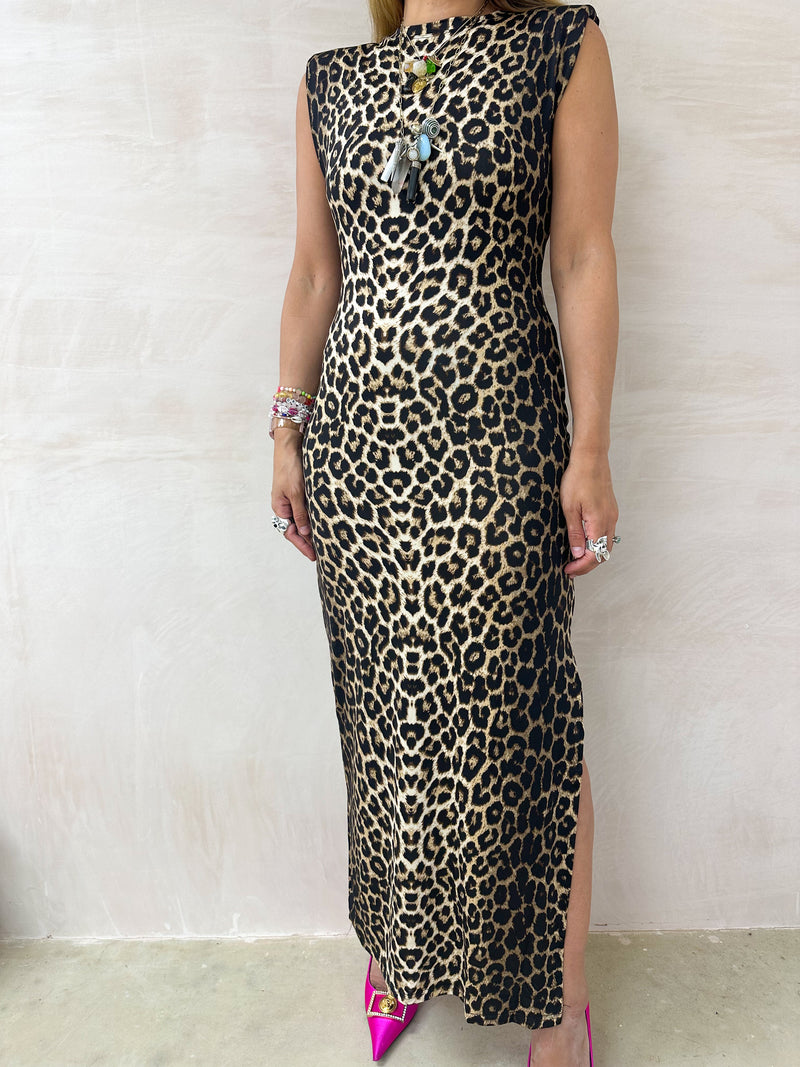 Shoulder Pad Midi Dress In Leopard Print