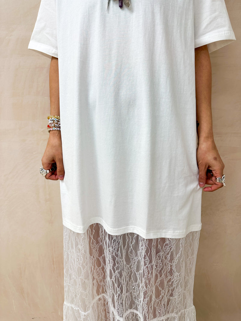 White T-Shirt Dress with Lace Hem Skirt