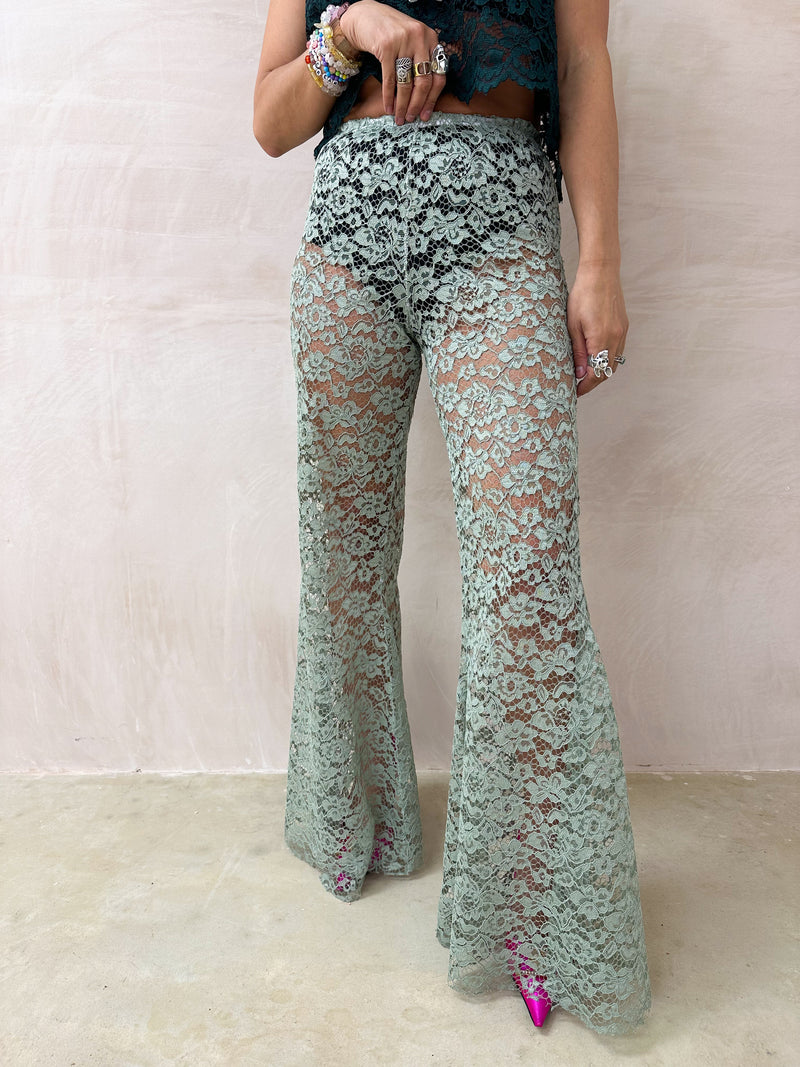 Fairytale Lace Extreme Flare Trousers In Sage Green