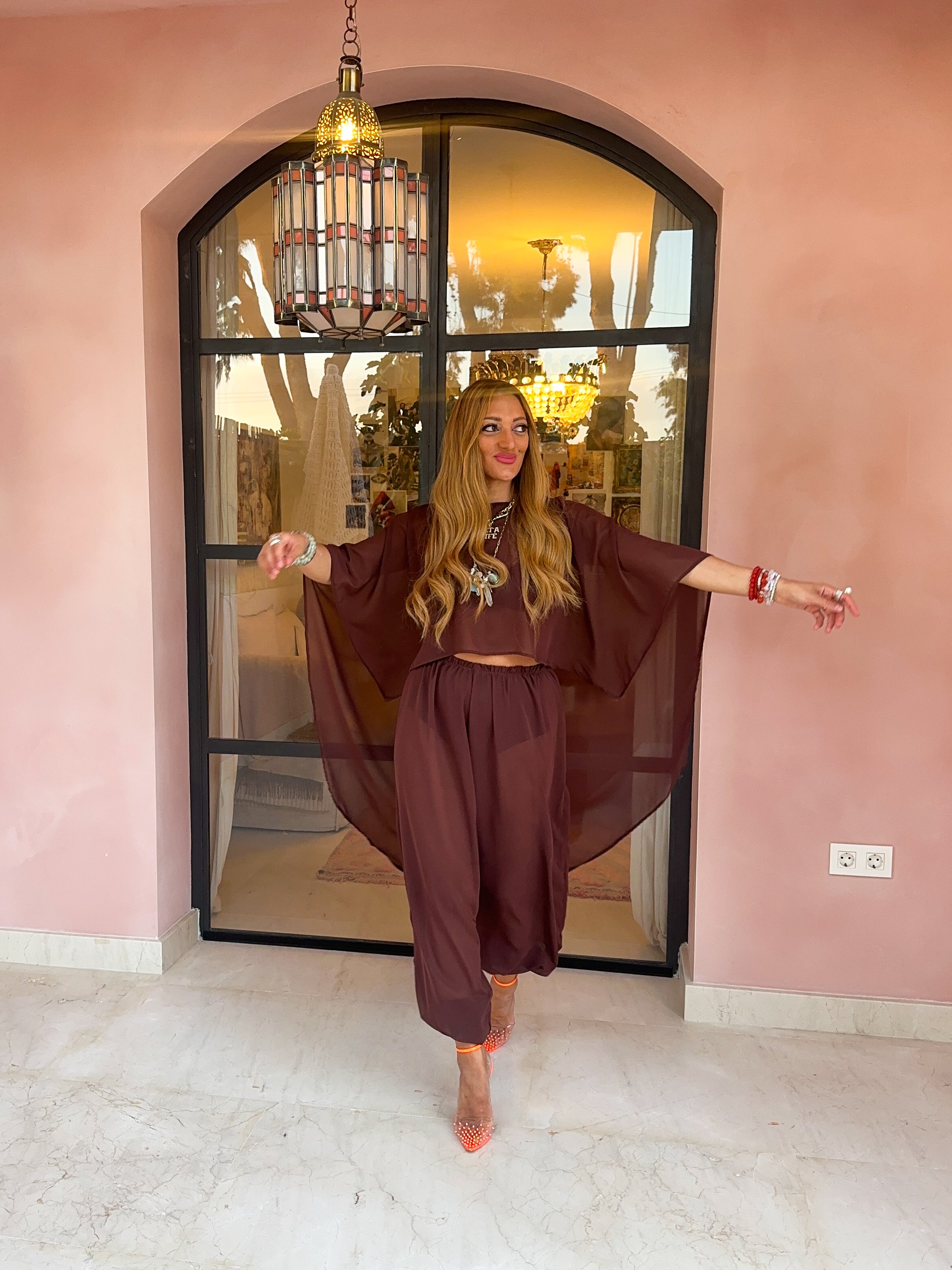 The Jasmine Chiffon Cape Top In Brown