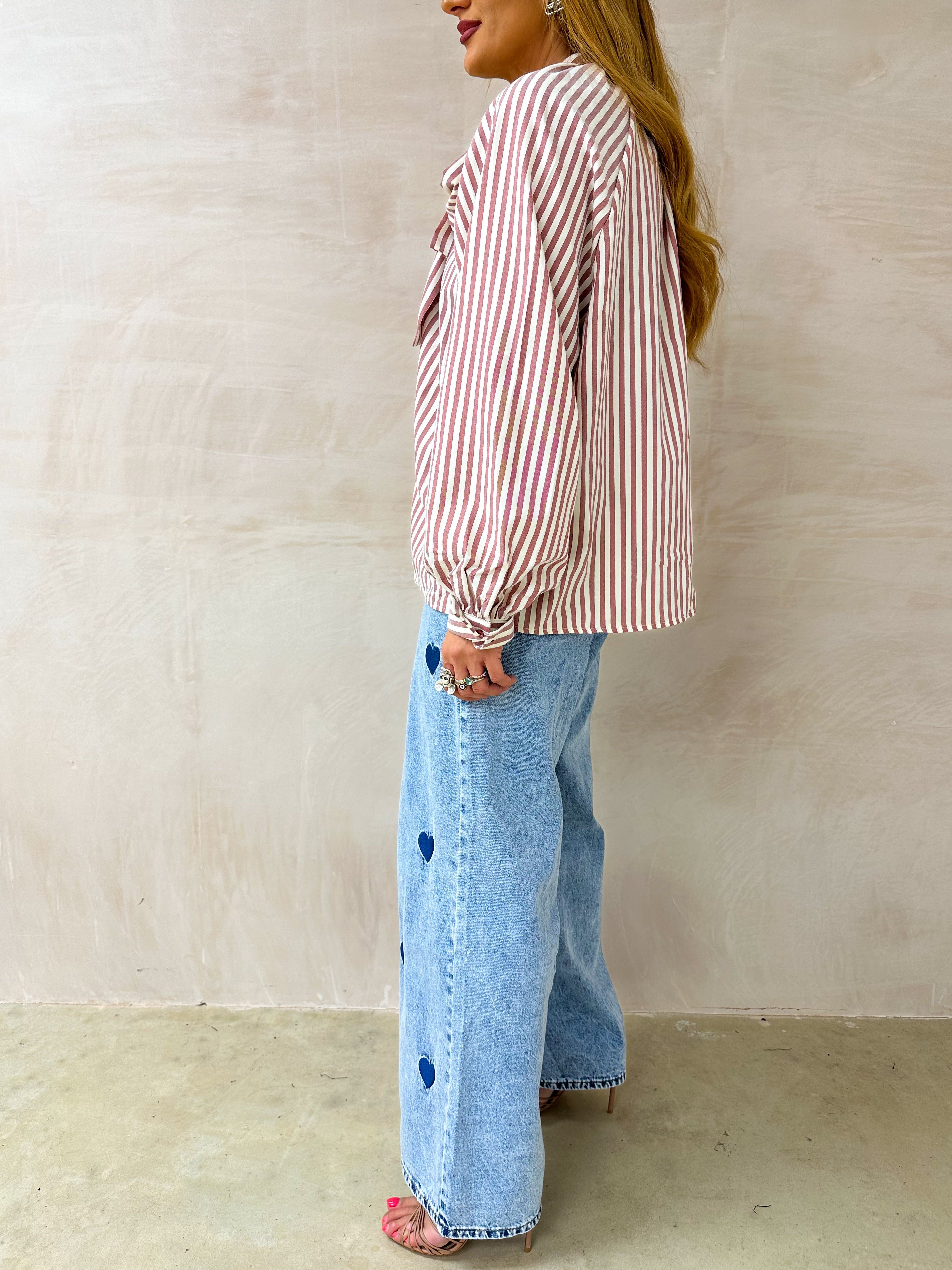 Stripe Bow Front Shirt In Red And Cream