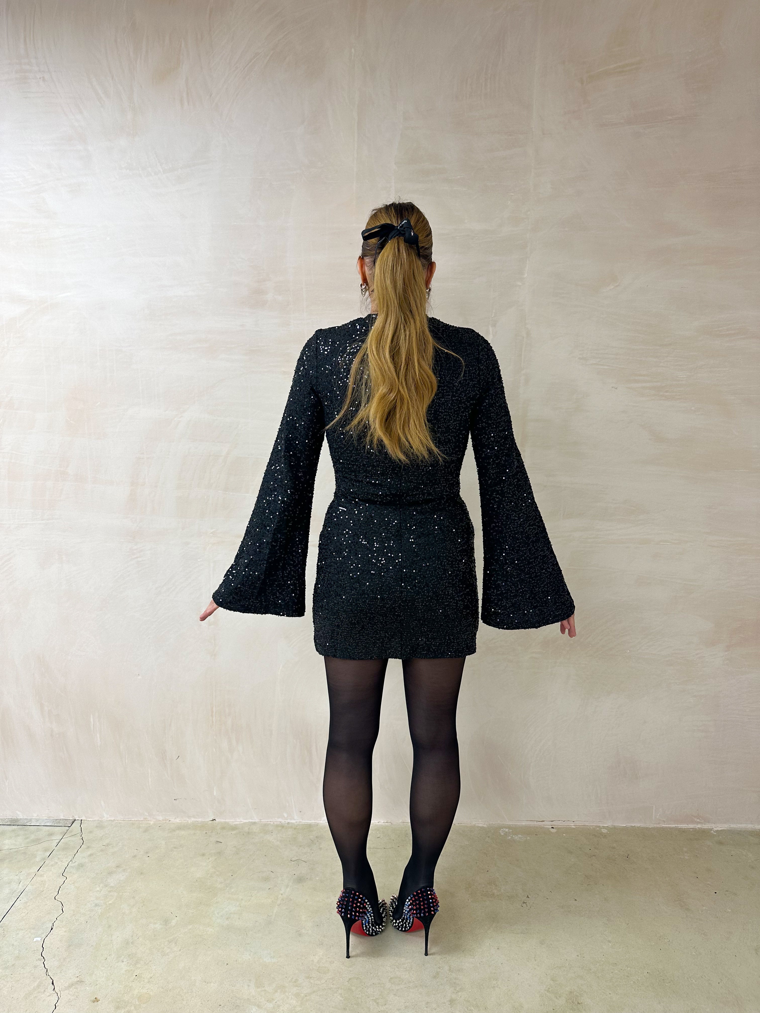 Flare Sleeve Sequin Mini Dress In Black