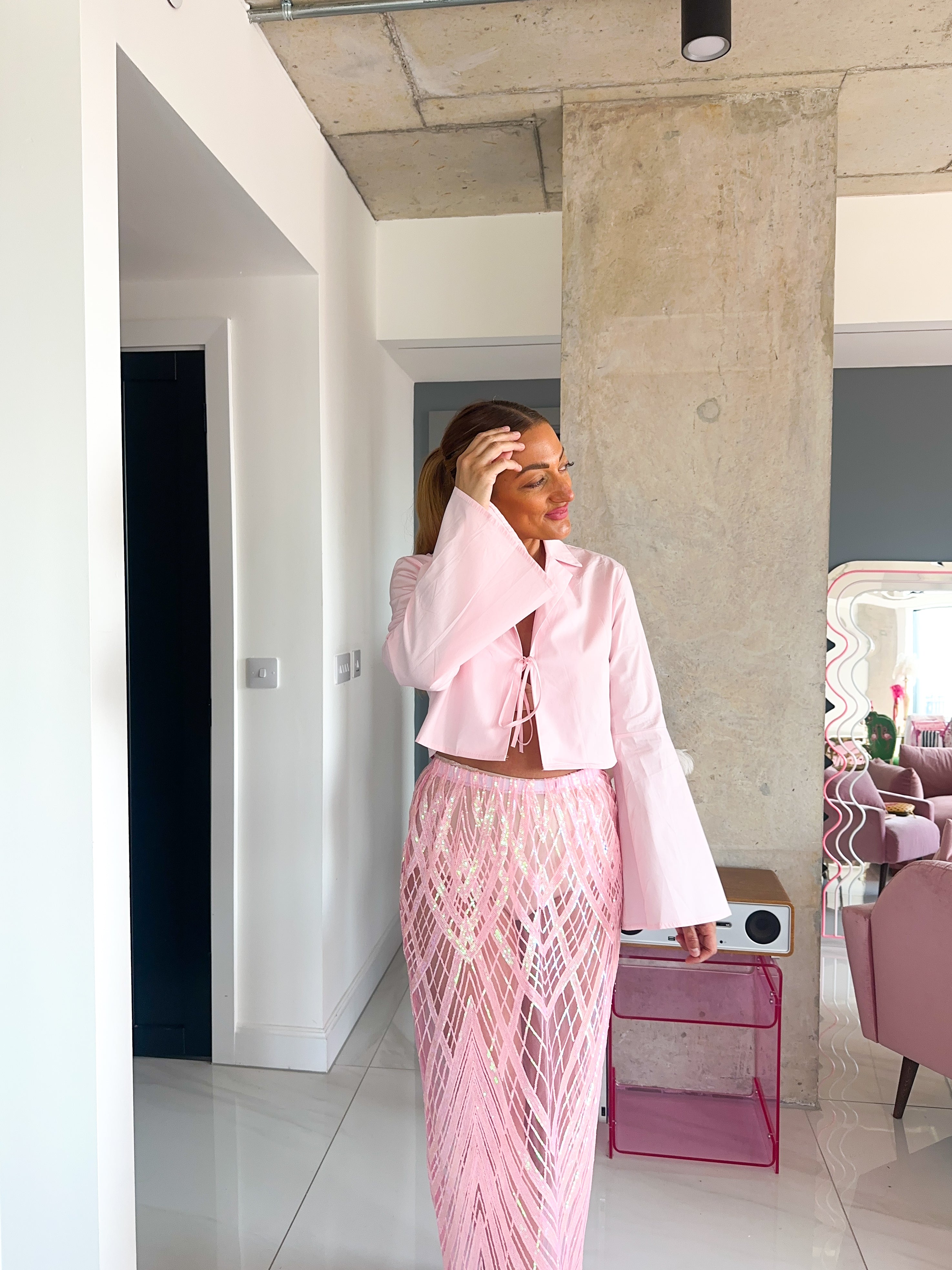 Flare Sleeve Tie Front Shirt In Baby Pink