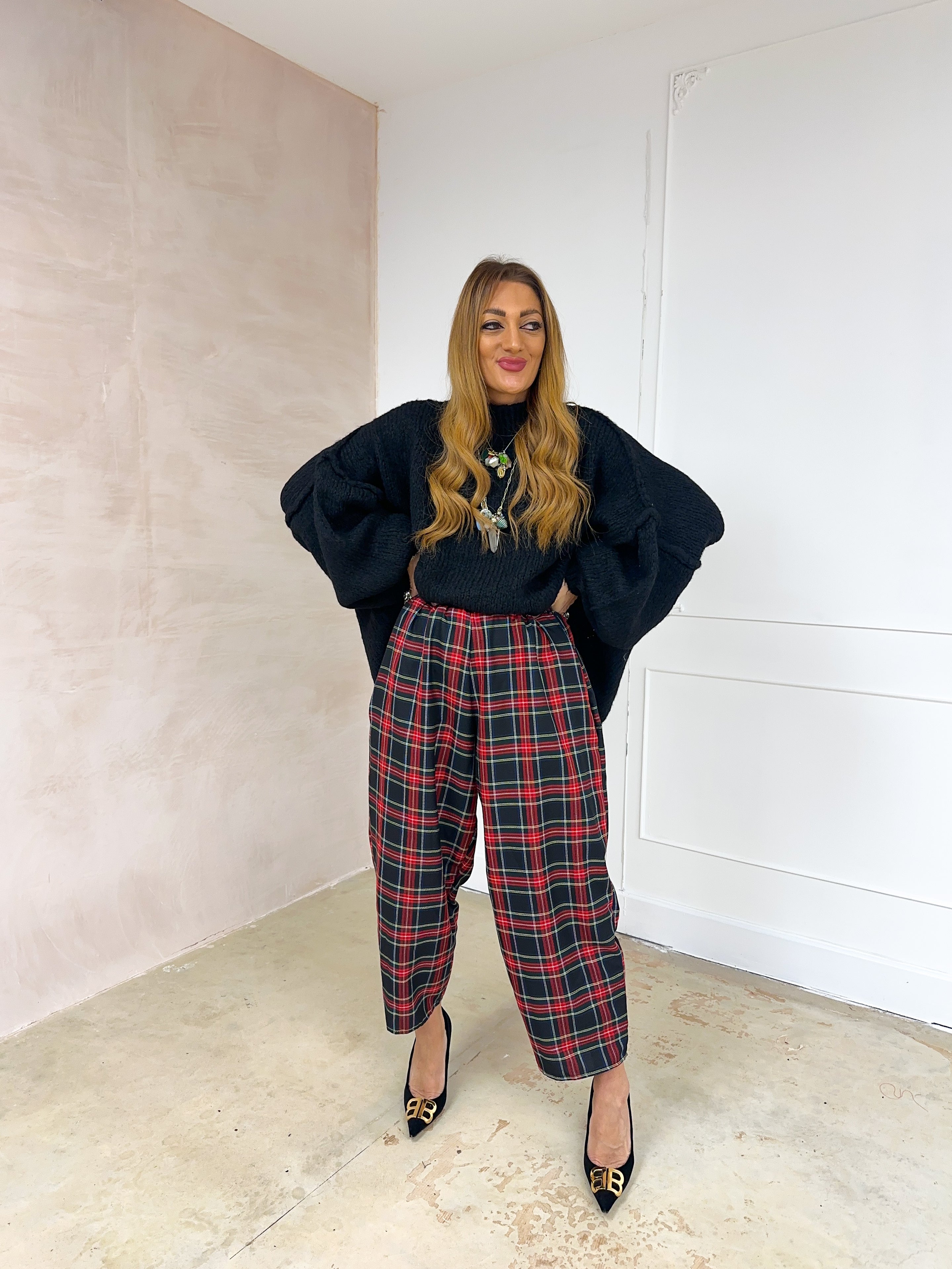 Muse Balloon Trousers In Navy/Red Traditional Tartan