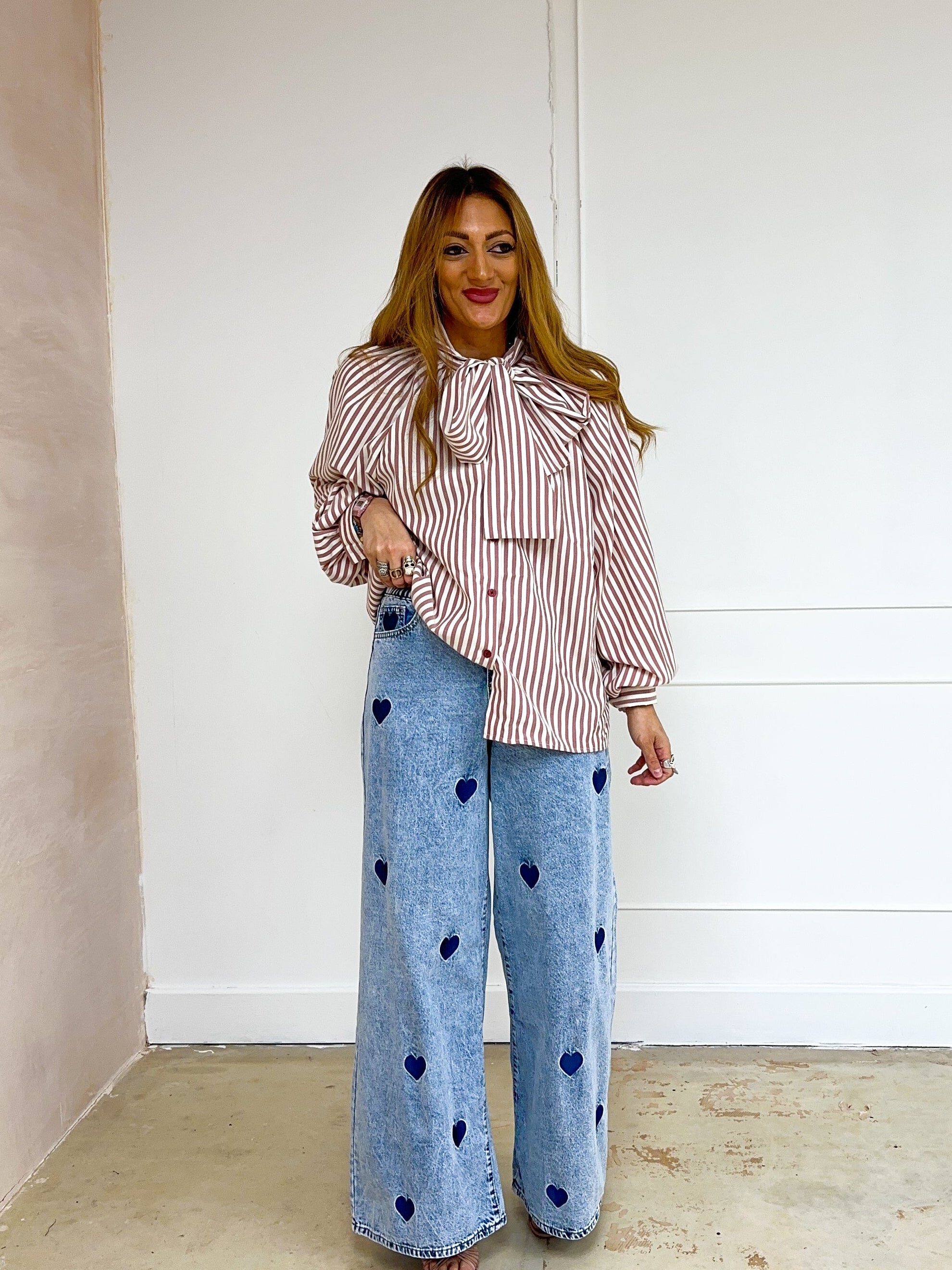 Stripe Bow Front Shirt In Red And Cream