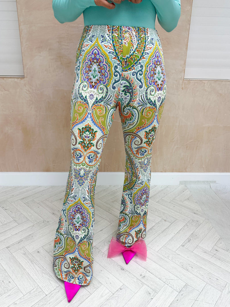 High Waisted Flared Trousers In Green Paisley Print