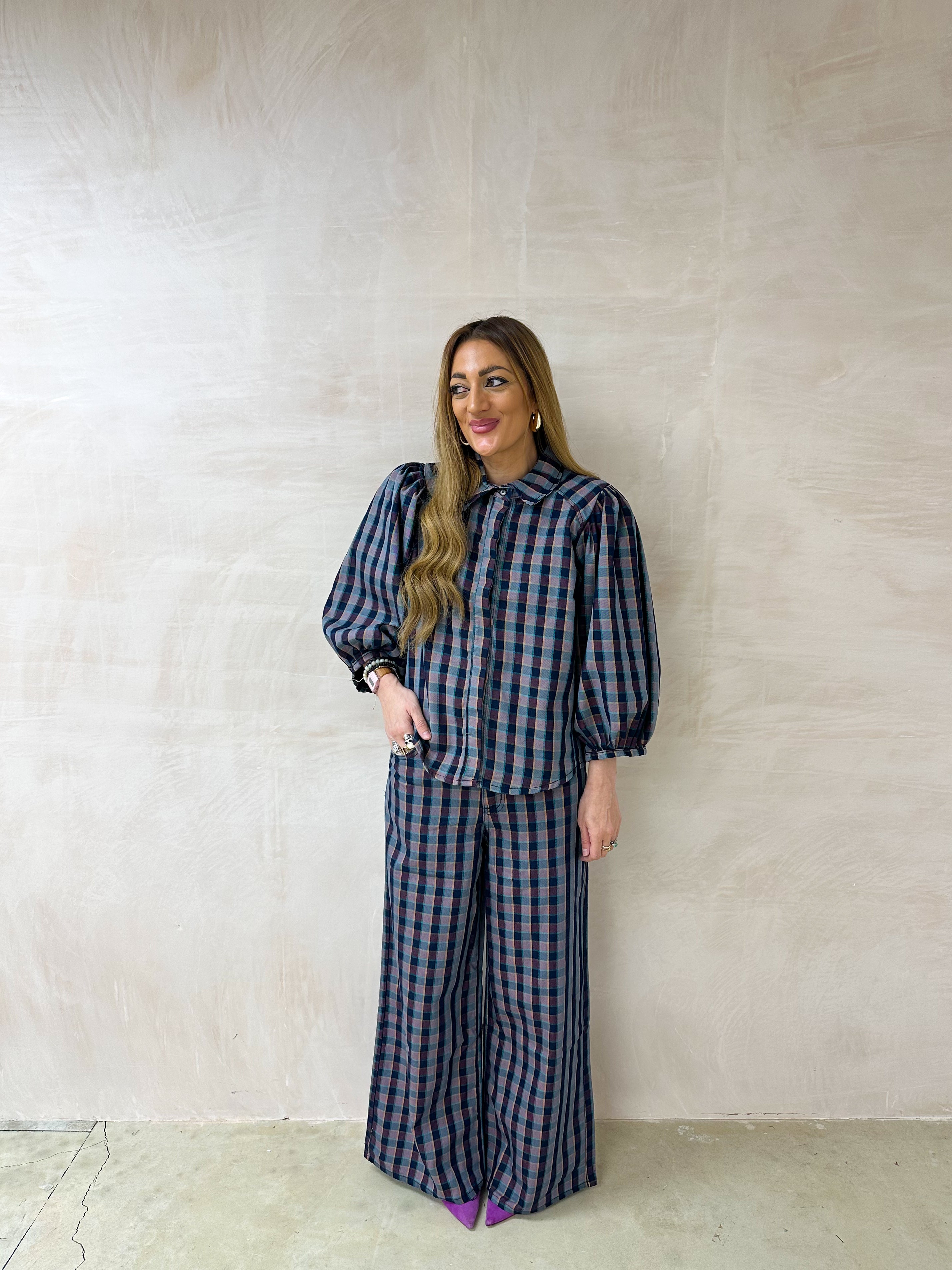 Puff Sleeve Check Shirt In Purple/Navy