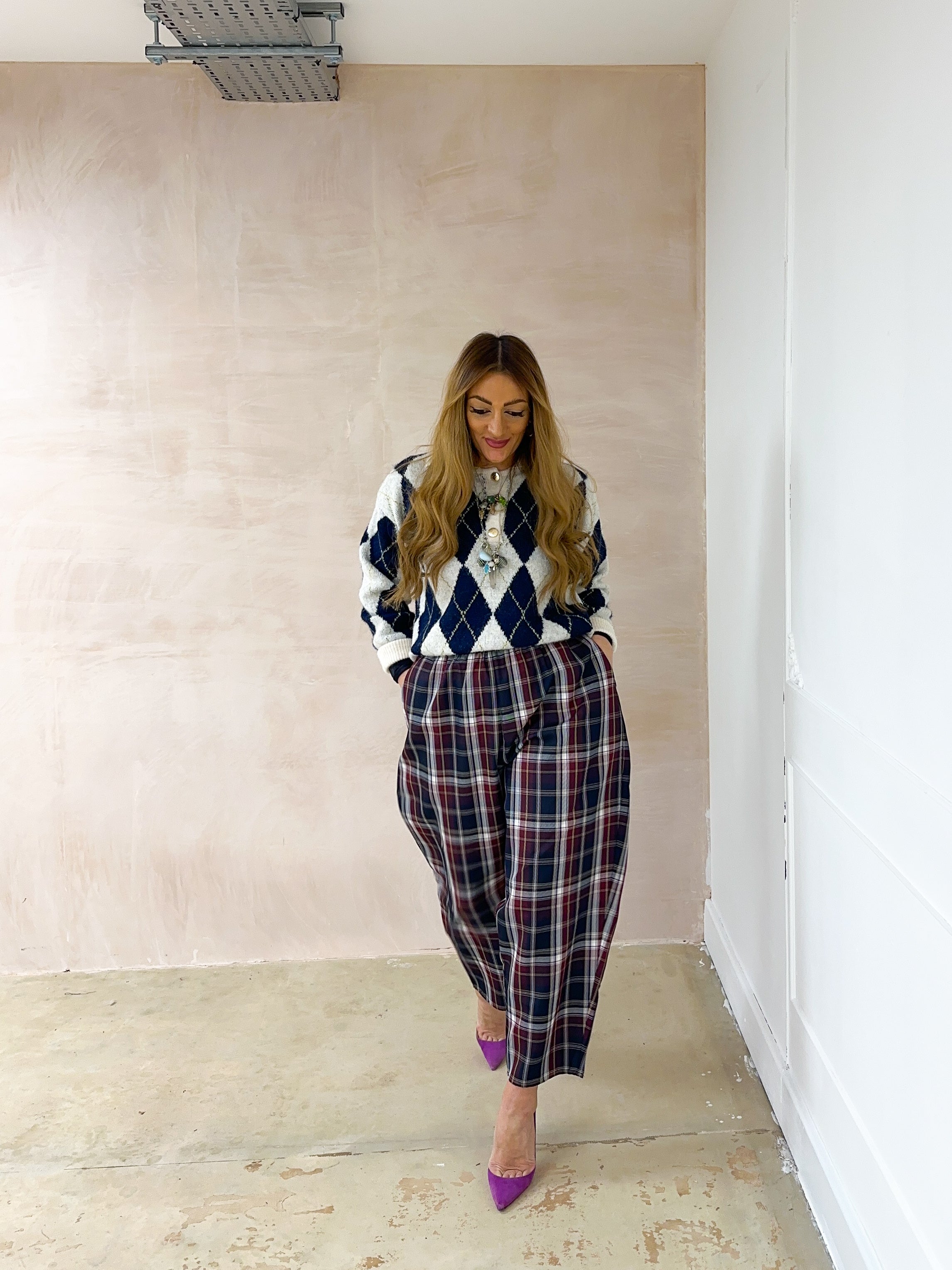 Tartan Check Balloon Trousers In Navy