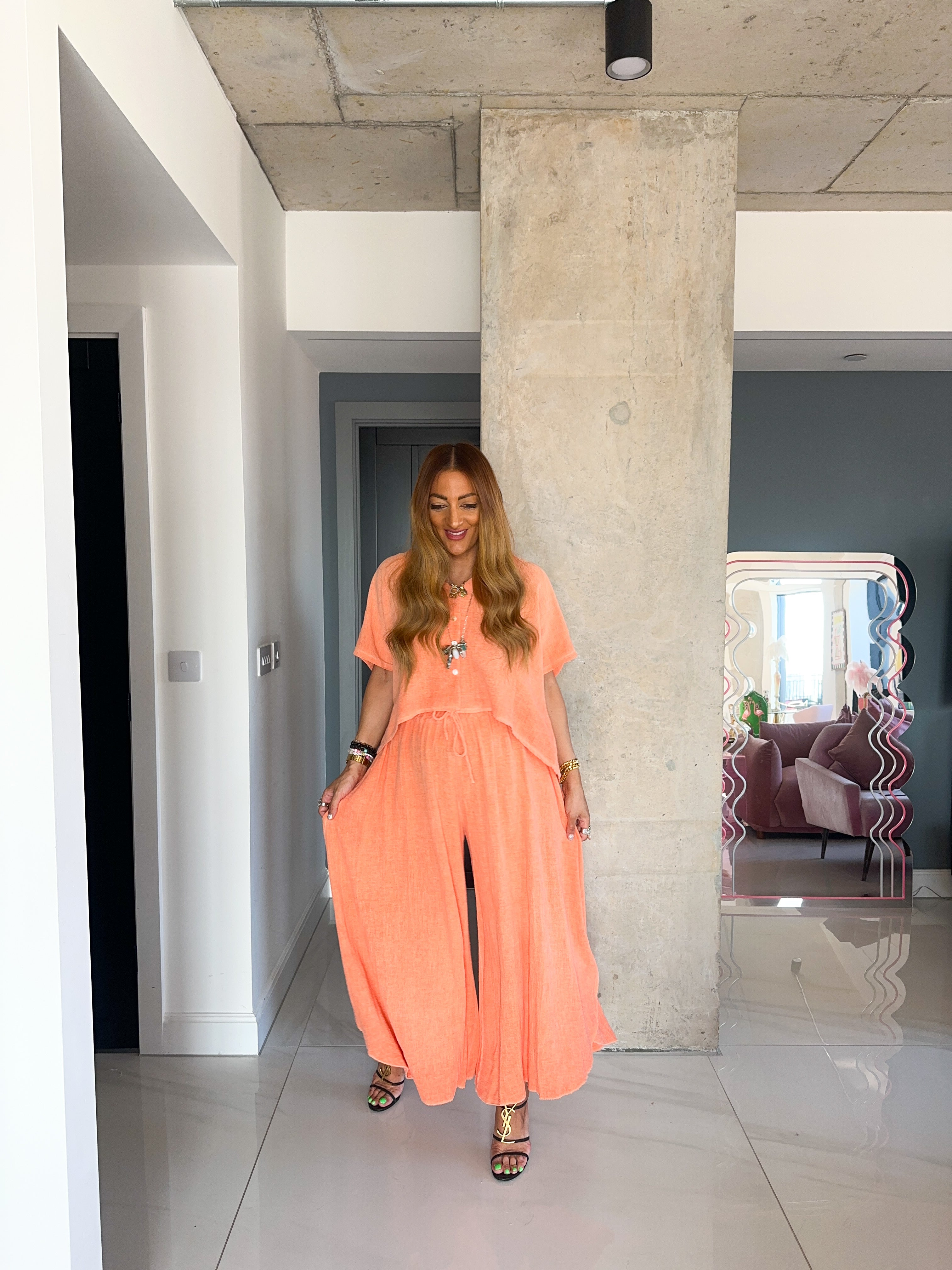 Wide Leg Floaty Trousers In Orange