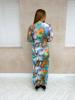 Mesh Ruched Side Midi Dress In Multi Coloured Swirl Print