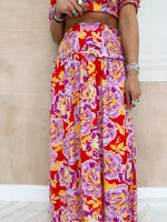 Abstract Floral Full Midi Skirt In Red