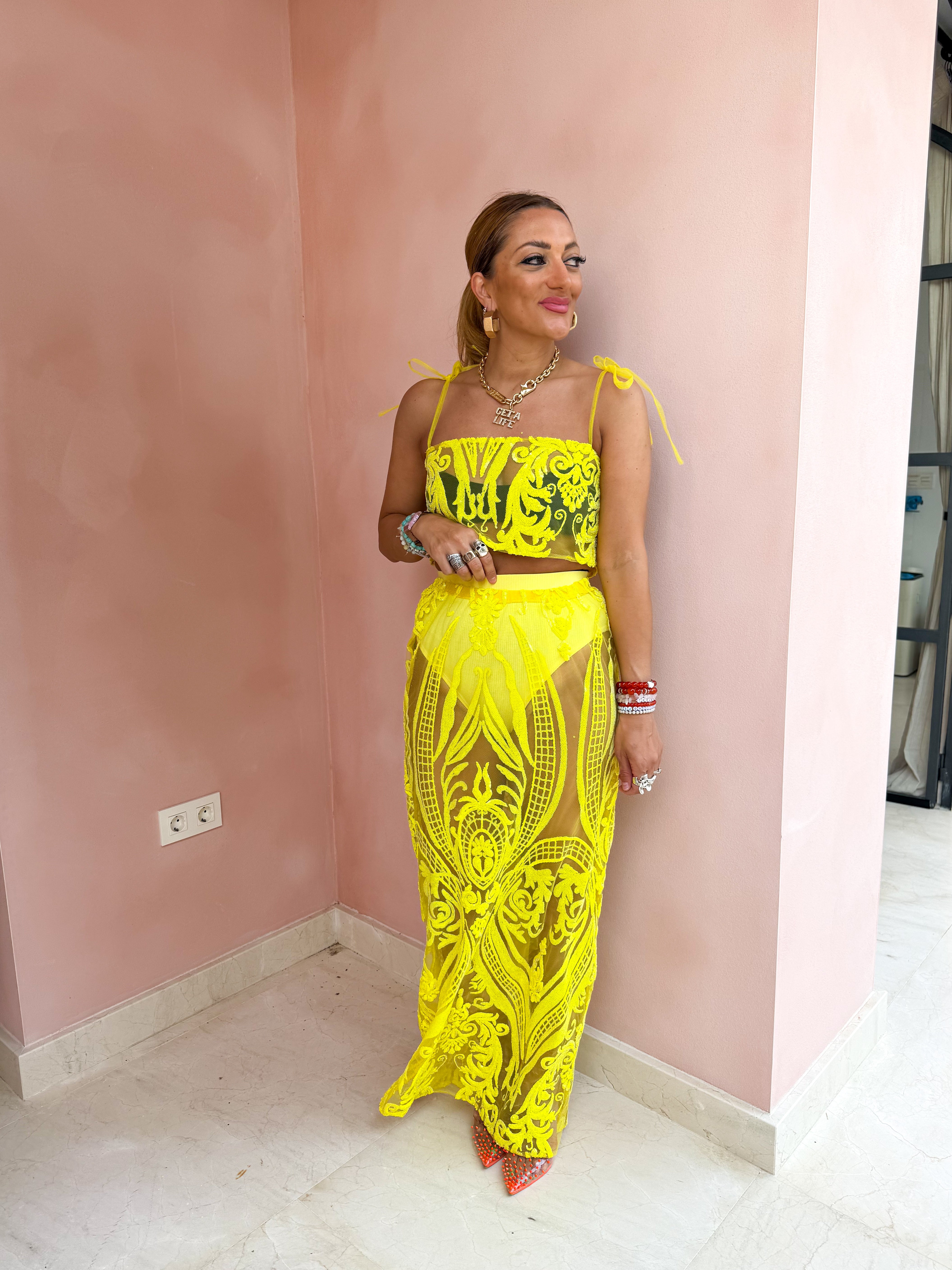 Solaris Supernova Crop Sequin Vest In Yellow